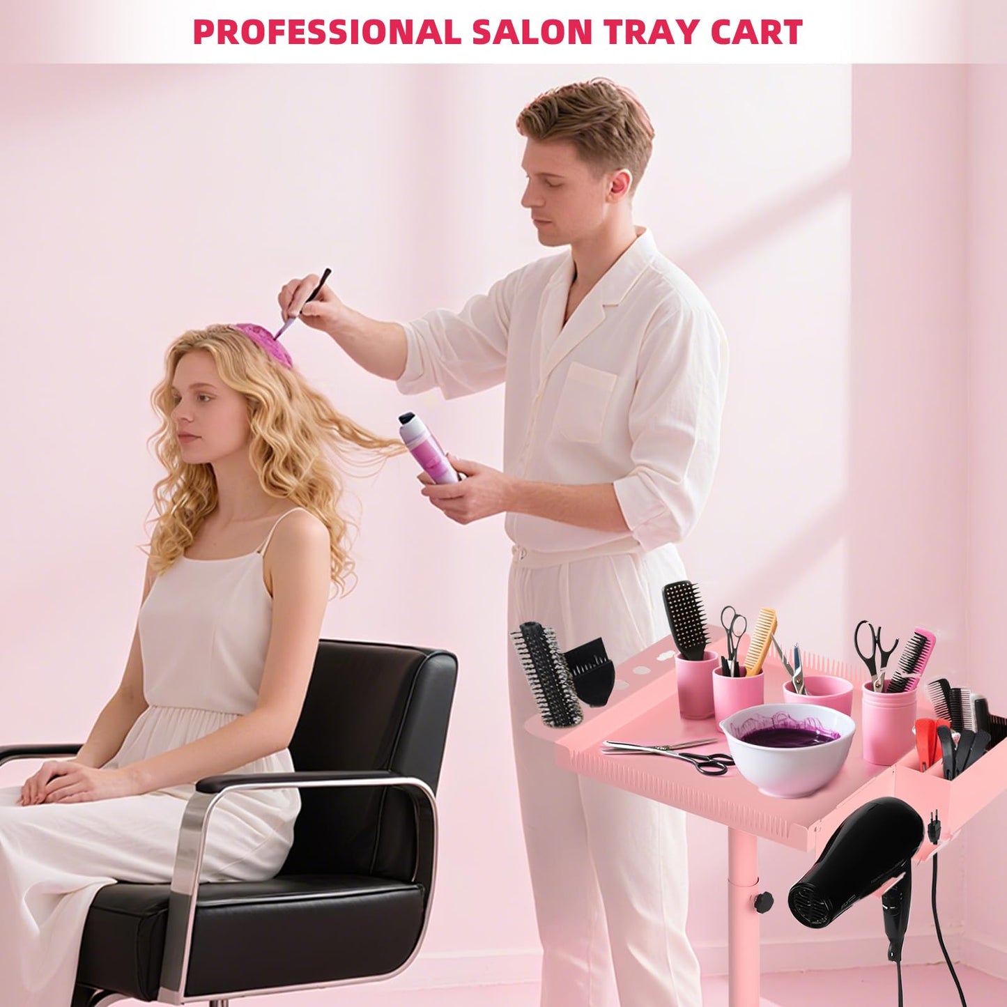 LKT COBTAC Extension Salon Tray Hair Extension Cart Tray Pink Multi-Function Extensions Rolling Tray with Blow Dryer Holder and Storage Platform