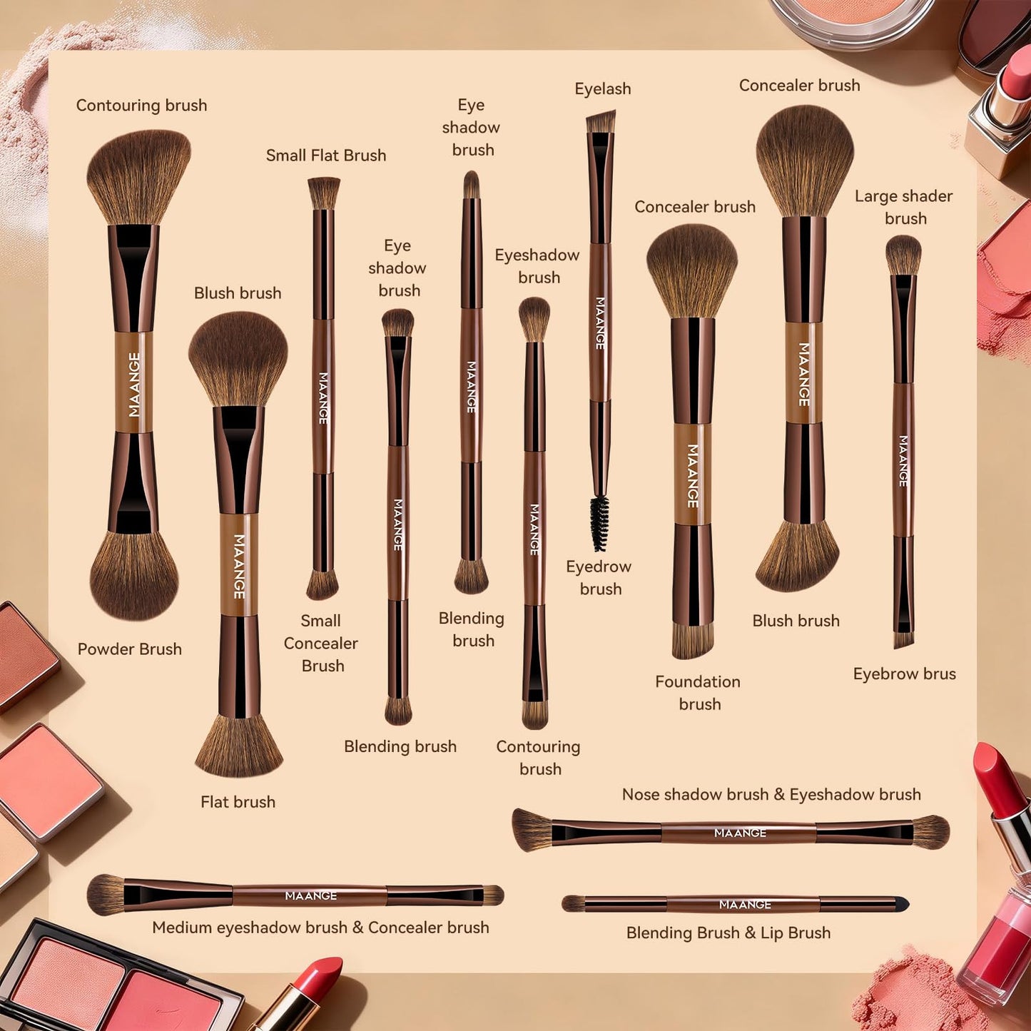 MAANGE 13 Pcs Foundation Makeup Brush Set With Bag, Make up Brushes, Double-End Multi Functional Makeup Brushes, Professional Face Brush Set Tools For Liquid Powder Concealer Cream Blush (Brown)