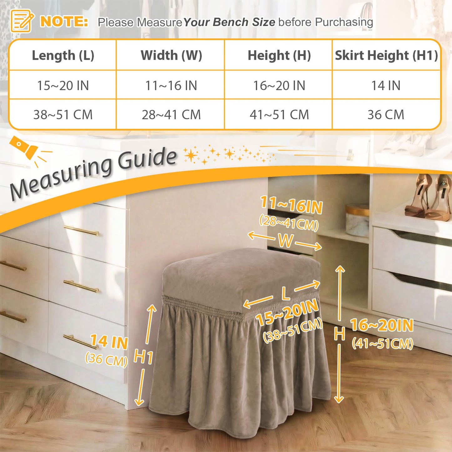 NICEEC Spandex Stretch Vanity Bench Cover with Skirt Removable Super Soft Rectangle Bench Slipcover Washable Bench Cushion Seat Covers for Living Room Bedroom Kitchen(Coffee)