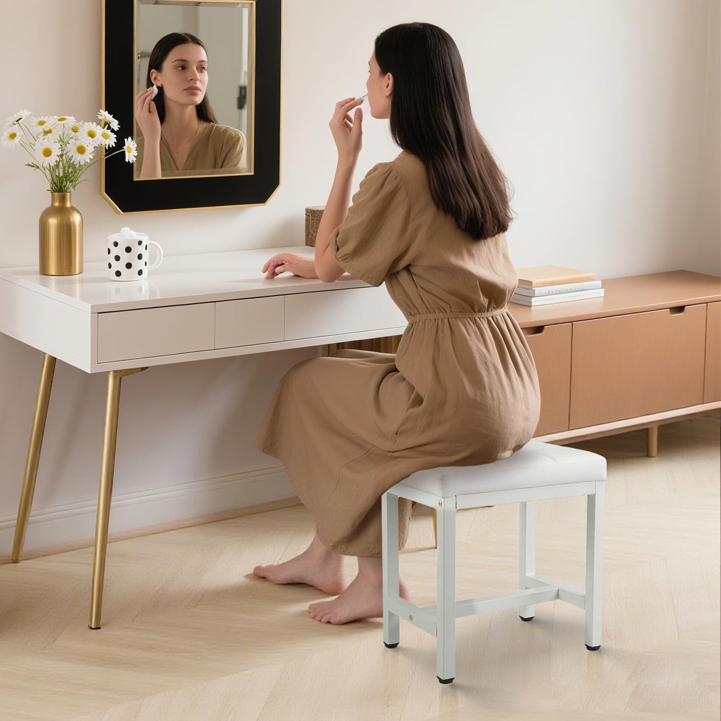 FLYZC Vanity Stool Chair, Square Faux Leather Makeup Chair with Metal Legs, Cute Small Ottoman Vanity Bench, Foot Stool Chair for Vanity for Bedroom, Living Room, Bathroom, White