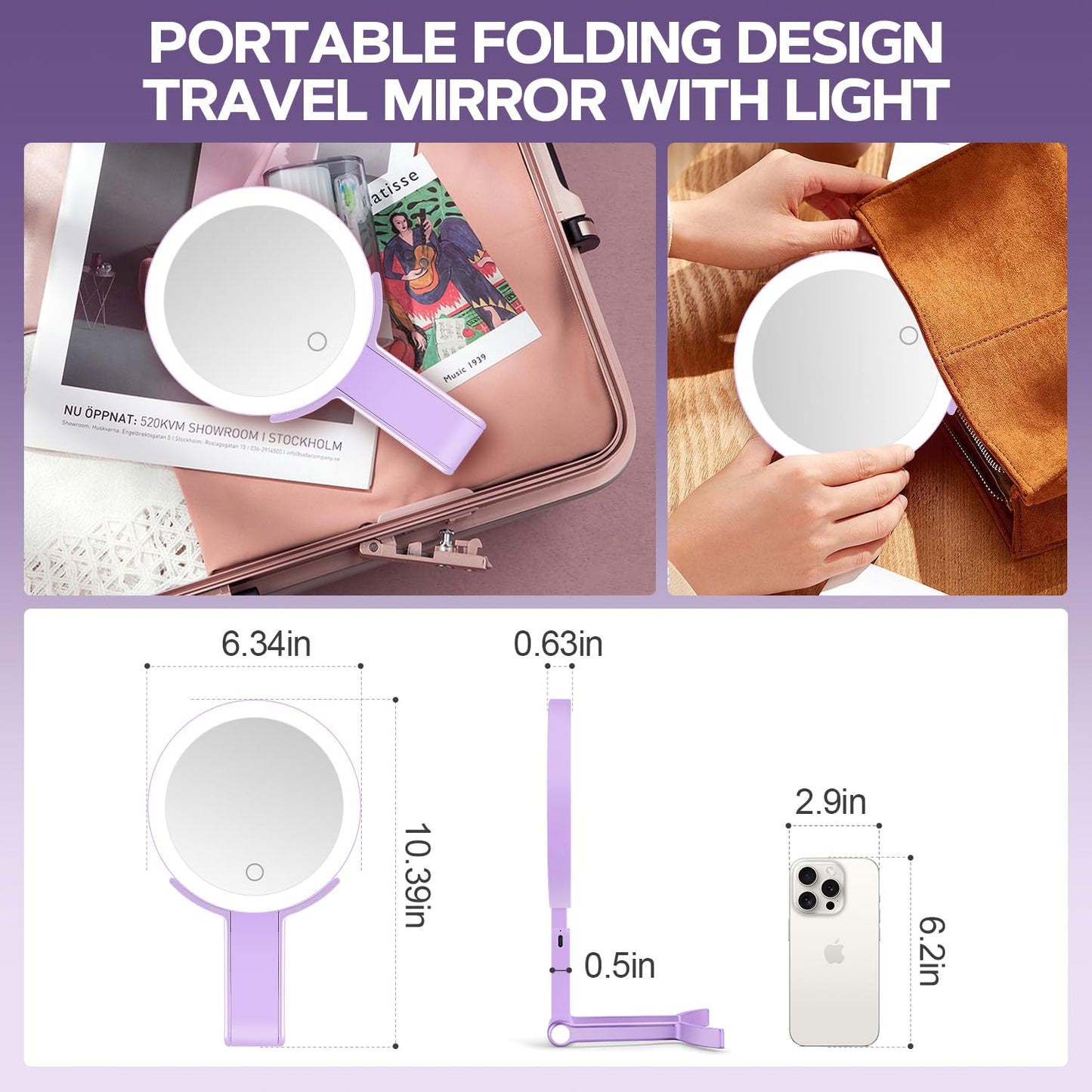 MIYADIVA Lighted Makeup Mirror, 30X Magnifying Mirror with Light, Hanging and Handheld Mirror with Handle, Purple