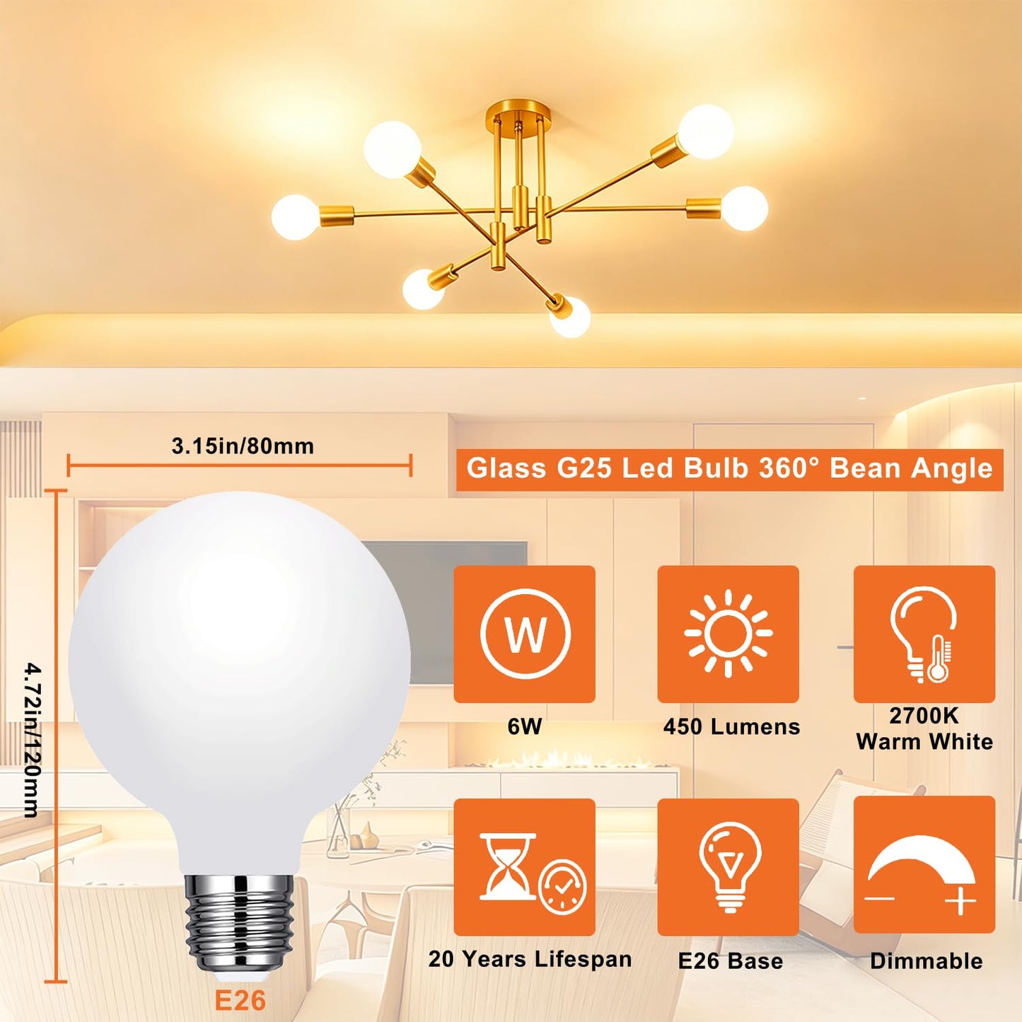 Vinaco Glass G25 LED Light Bulbs Dimmable 60W, 4 Pack No Flicker 2700K Round Light Bulbs 60 Watt Soft White, Milky G 25 E26 Frosted Globe Ledbulb, Vanity Mirror Bulb Replacement for Bathroom Pendant