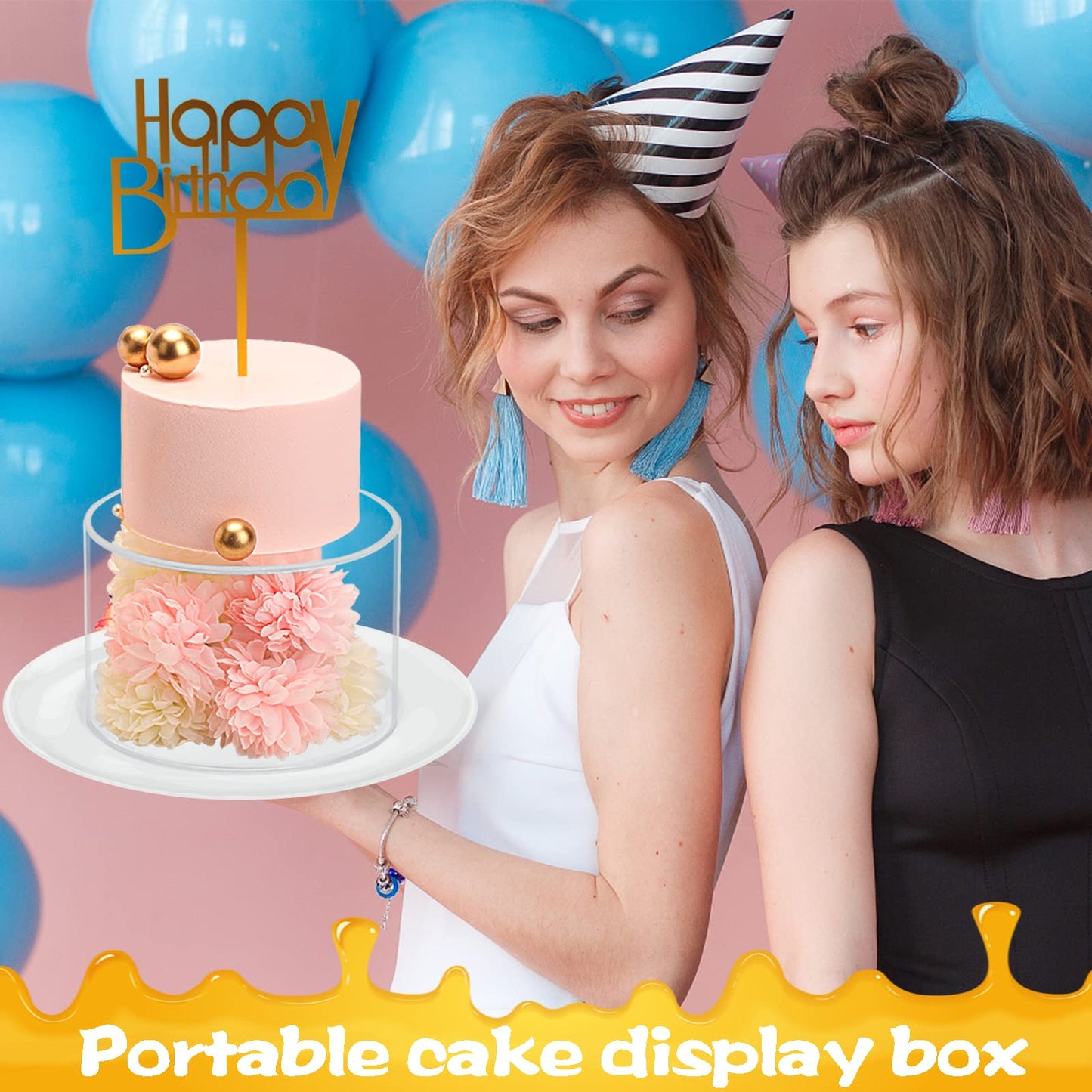 Choowin 2 Pcs Acrylic Cake Stand with Lid - Fillable, Floating, Clear, Round Cake Stand for Birthday & Wedding & Party (12 inch, 8 inch)