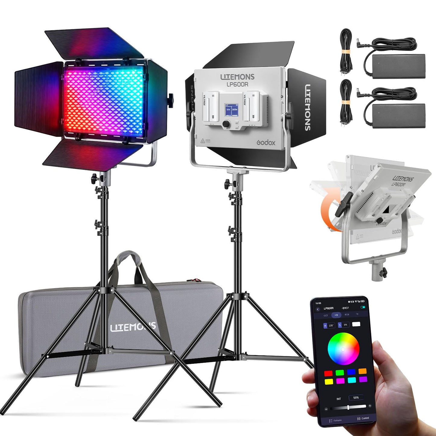 Godox LP600R 60W RGB LED Light Panel 2-Light Kit, 2-Pack with Battery Power, Light Stand, Carrying Case, 1800-10000K, 9270Lux@0.5m, APP Control for YouTube Video Recording and Live Streaming