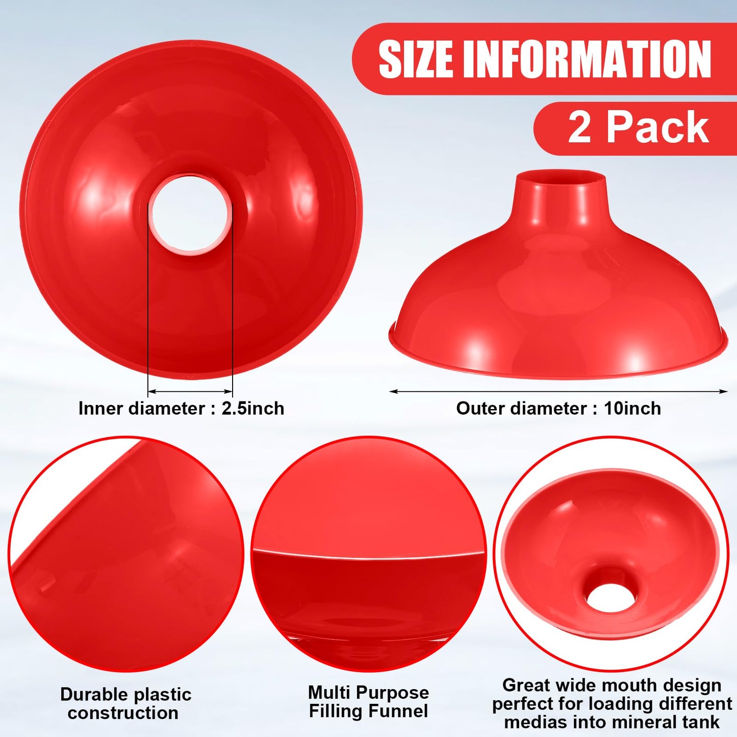 Vesici Extra Large Wide Mouth Funnel 2.5" x 10" Multi Purpose Filling Funnel Plastic Reusable for Water Softener Resin Tanks Carbon Media Jar Filling Use(Red,2 Pack)