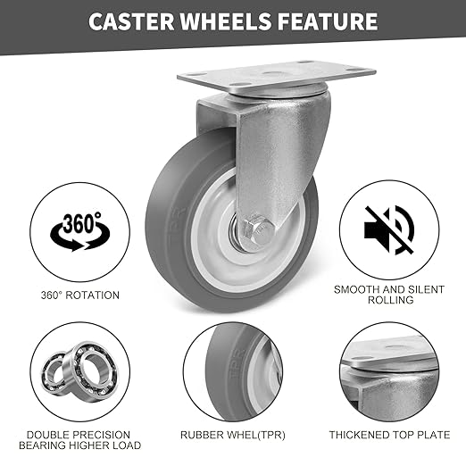 4 Inch Caster Wheels, Rubber Wheels Silent Castor- Set of 4 Heavy Duty Caster Wheels with Brake 1600Lbs, Industrial Plate Casters Wheels for Cart Furniture Workbench (4 Swivel)