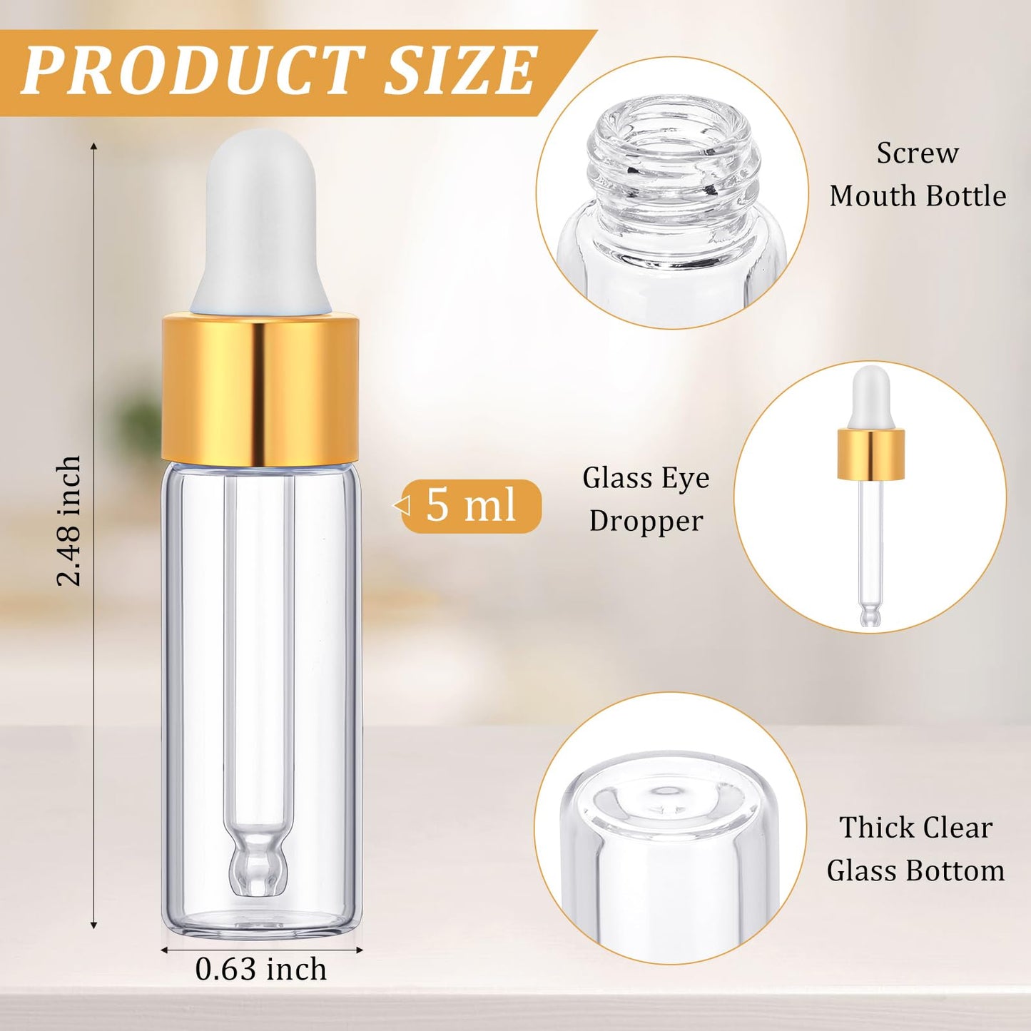 Bokon 100 Pcs Glass Dropping Bottles Mini Essential Oil Dropper Bottles Empty Sample Vials with Black Cap Tiny Storage Jars with Dropper for Perfumes Cosmetic Liquid Aromatherapy Lab (Clear, 5 ml)