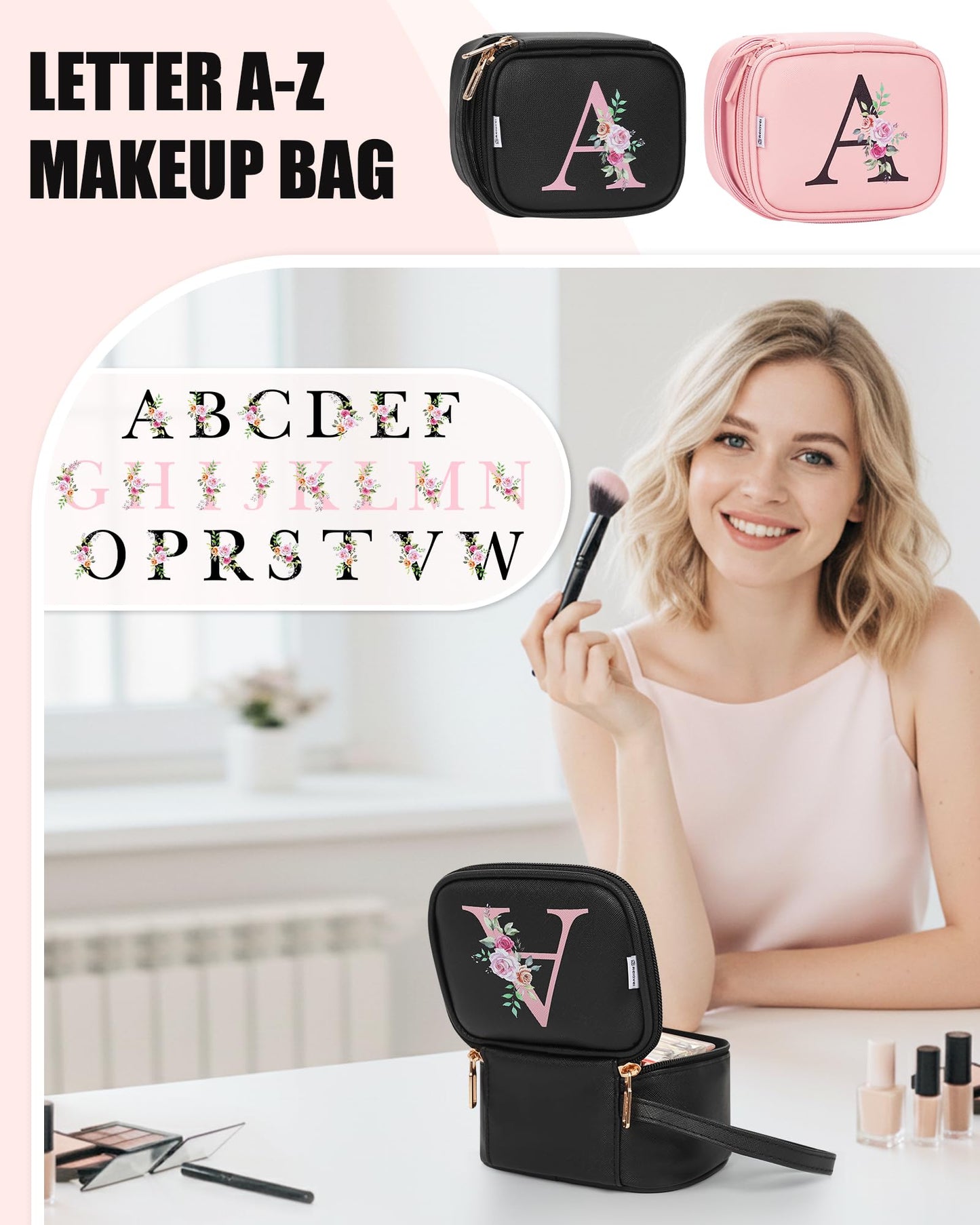 Relavel Mini Makeup Bag with LED Mirror, Portable Make Up Bag for Women with 3 Light Modes, Rechargeable Makeup Pouch for Girls, Personalized Birthday Gifts for Party Travel - Black A