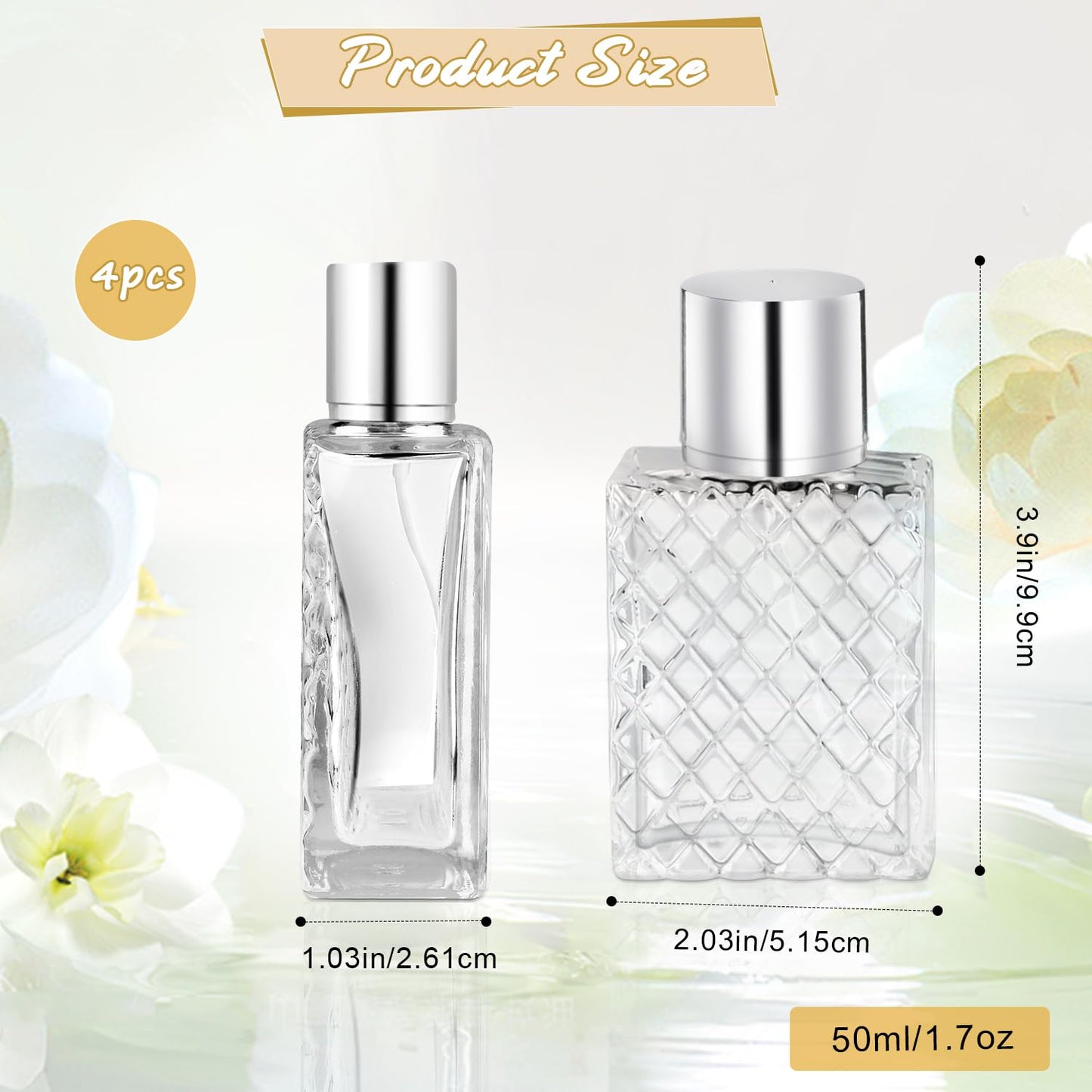 BOSMIOW 4 Pieces 50ml/1.7oz Clear Glass Perfume Bottles,Refillable Fine Mist Atomizer Spray Bottle,Cosmetic Sprayer for Perfume Essential Oils Cologne Liquids,Silver Lid