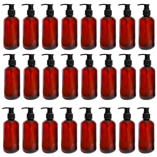 24 Pcs Empty Lotion Bottles with Pump 8oz - Refillable Amber Plastic Bottles, Liquid Dispensers with Secure Pumps, 250ml Travel-Size Containers for Lotion, Shampoo, Conditioner, Body Wash