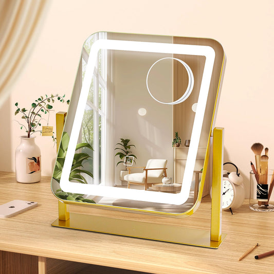 E-MeySource Vanity Mirror with LED Lights, 14.8x12.6 Inch Makeup Mirror, 3-Color Dimmable Touch Screen, 5X Magnification, 360° Rotation, Gold Tabletop Mirror for Bedroom Vanity