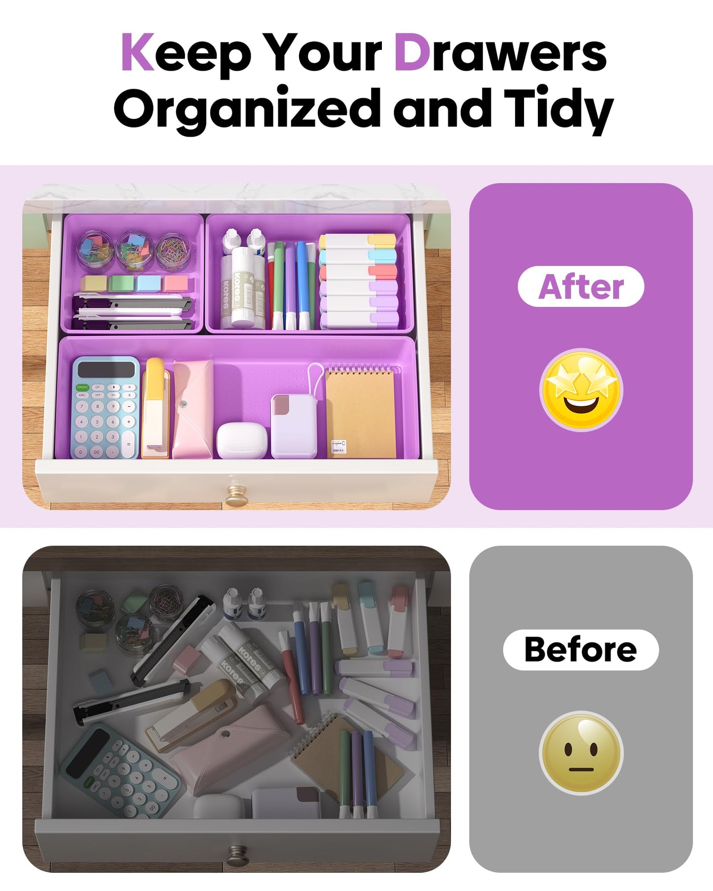 MLIKLU 10 Pack Large Size Plastic Drawer Organizers Set, 3 Sizes Desk Drawer Organizer Trays, Storage Bins for Vanity, Makeup, Bathroom, Kitchen Utensils and Office (Purple)