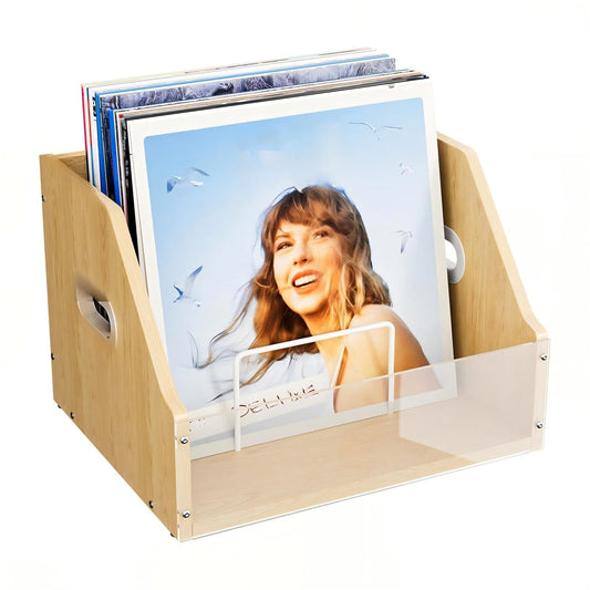 Vfelf Vinyl Record Storage with Separators,Visible Acrylic & Wooden Crate for Records Holder Storage Box for Vinyl & Album Natural Beige