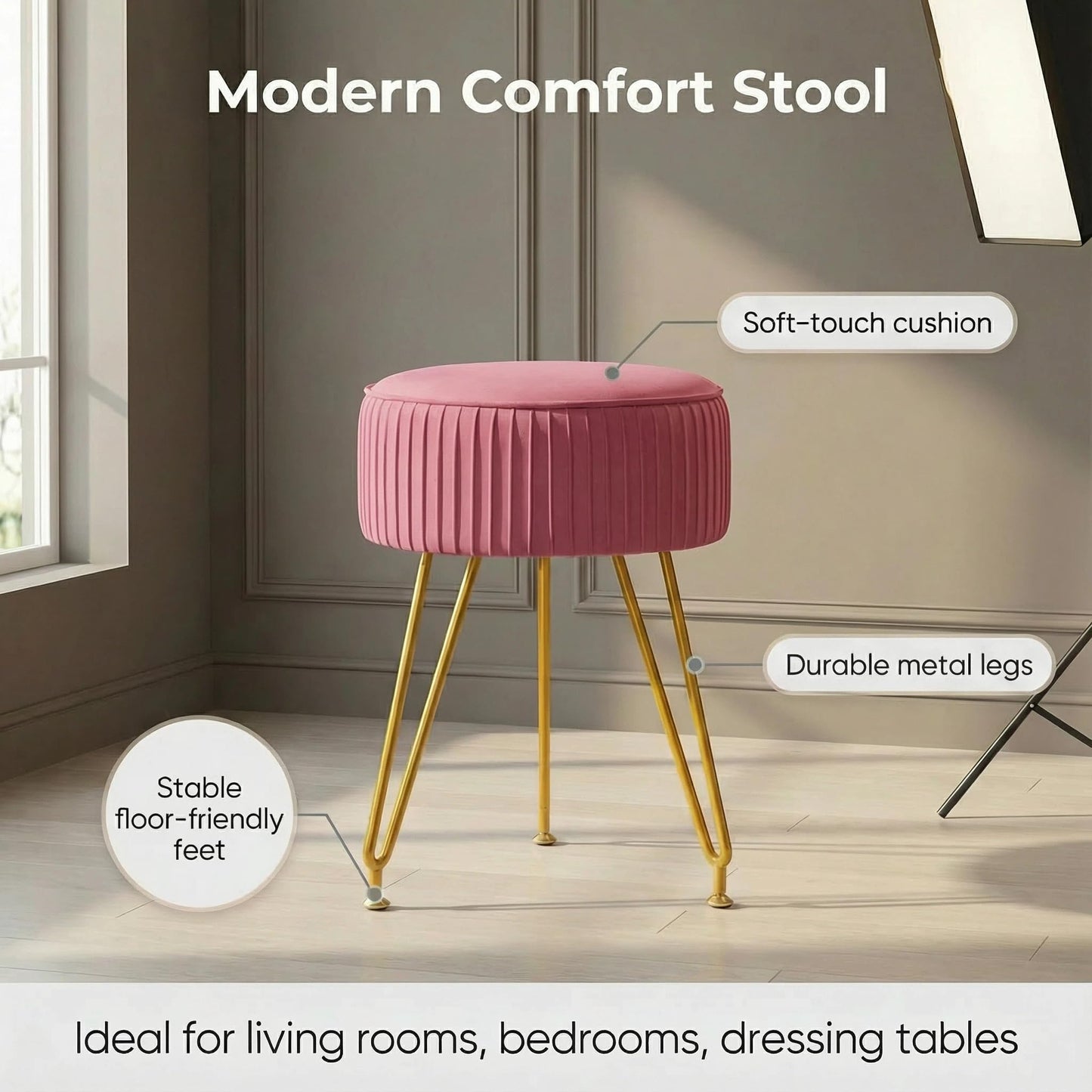 Leesingdo Velvet Vanity Stool, Modern Ottoman Foot Rest Stool with Adjustable Golden Legs, Makeup Chair for Vanity, Multifunctional Small Vanity Chair for Bedroom, Pink