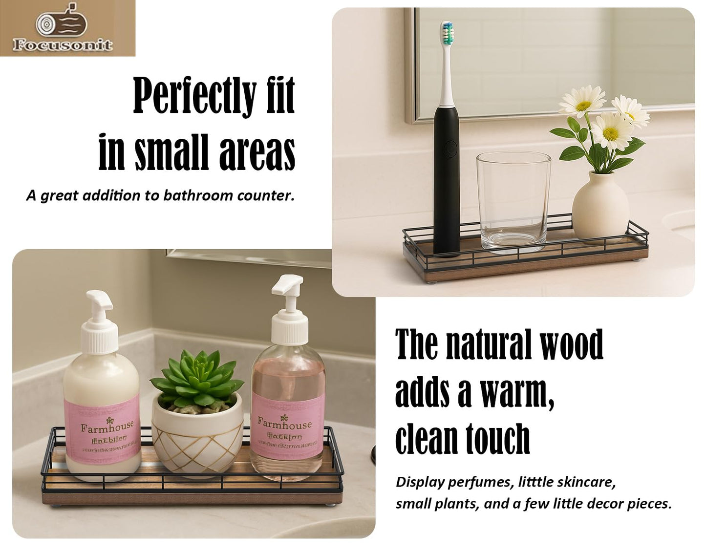 Acacia Wood Bathroom Vanity Tray, 11" L Small Countertop Tray for Dresser, Table, Kitchen Counter, Coffee Bar