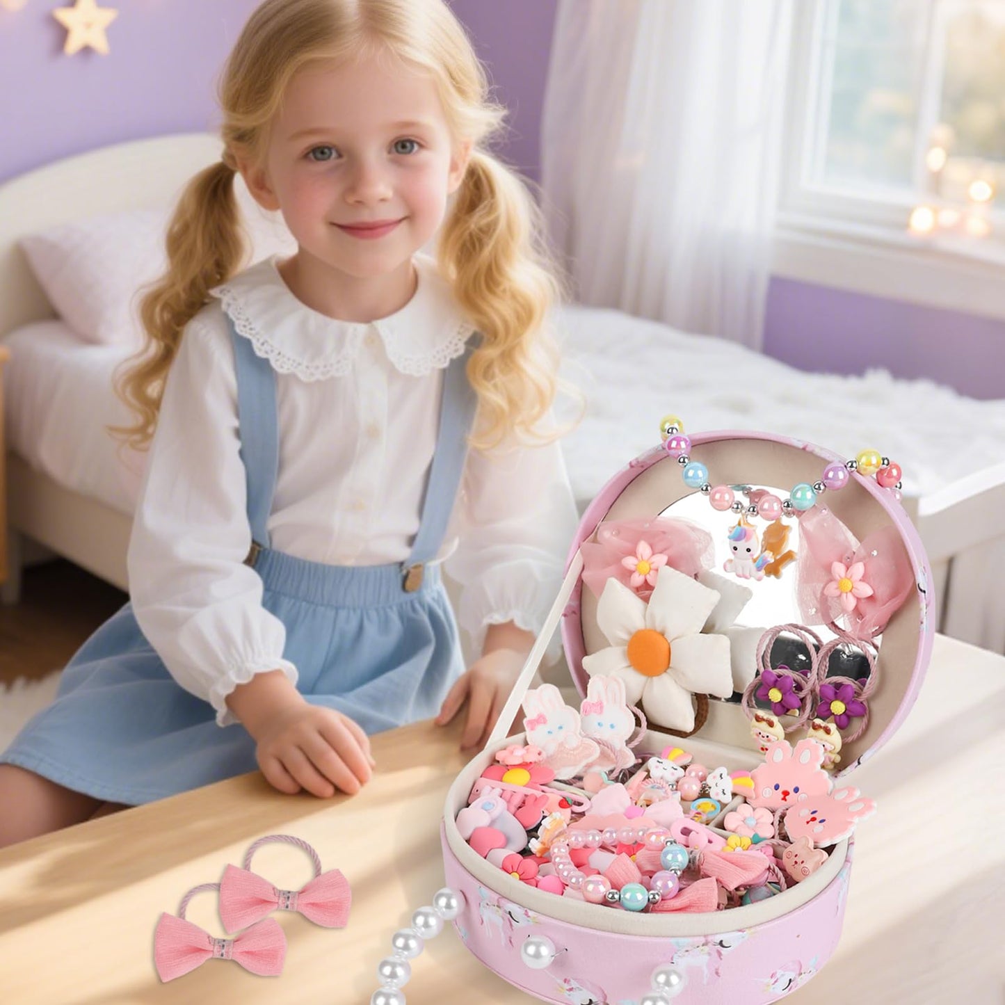 velachuan Princess Jewelry Box for Girls with Hair Accessories,Girls Hair Clips Bows Set, Fashion Hair Styling Kit with Mirror,Pink Sparkle Trinket Box Includes Hair Clips (Flower)