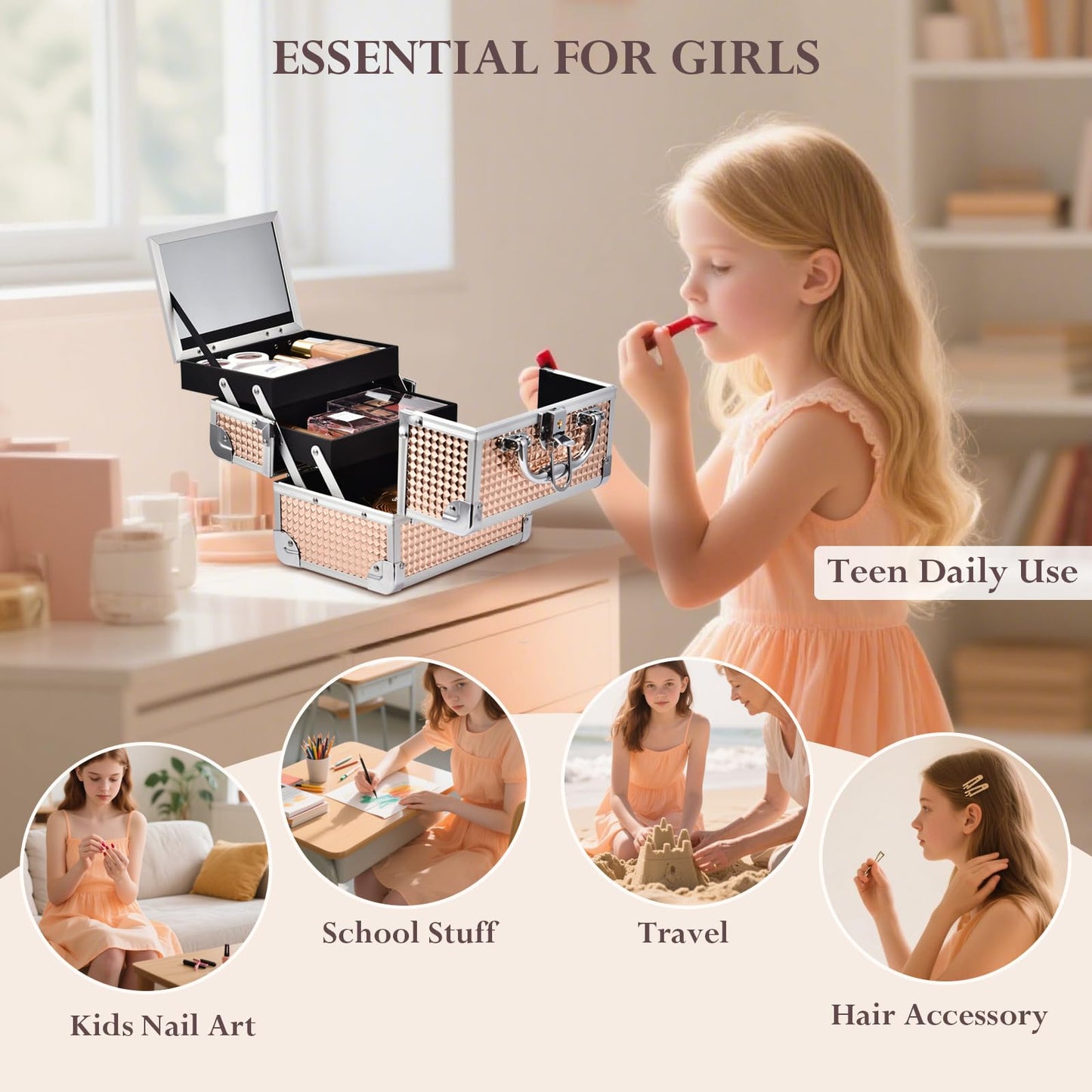 FRENESSA Makeup Case Train Case Portable Makeup Box with Mirror Lock Box Travel Cosmetic Train Cases Hard Makeup Organizer for Nail Craft Storage Vanity for Girl Rose Gold