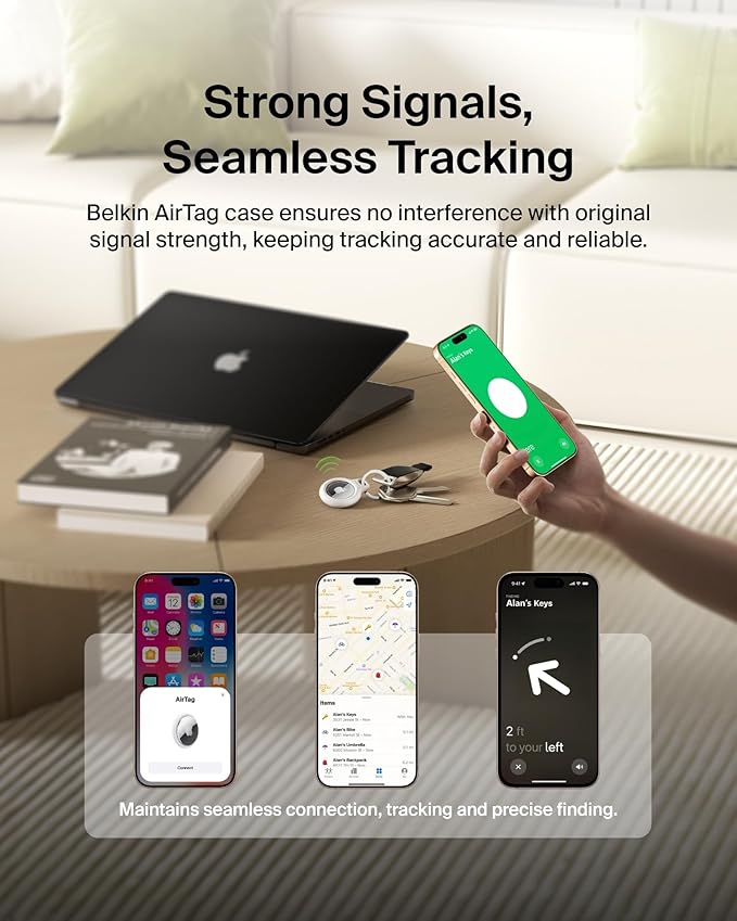 Belkin Apple AirTag Secure Holders with Key Ring - Durable, Scratch-Resistant Case with Open Face & Raised Edges - Protective AirTag Keychain Accessory for Keys, Pets, Luggage, & More - 2-Pack White