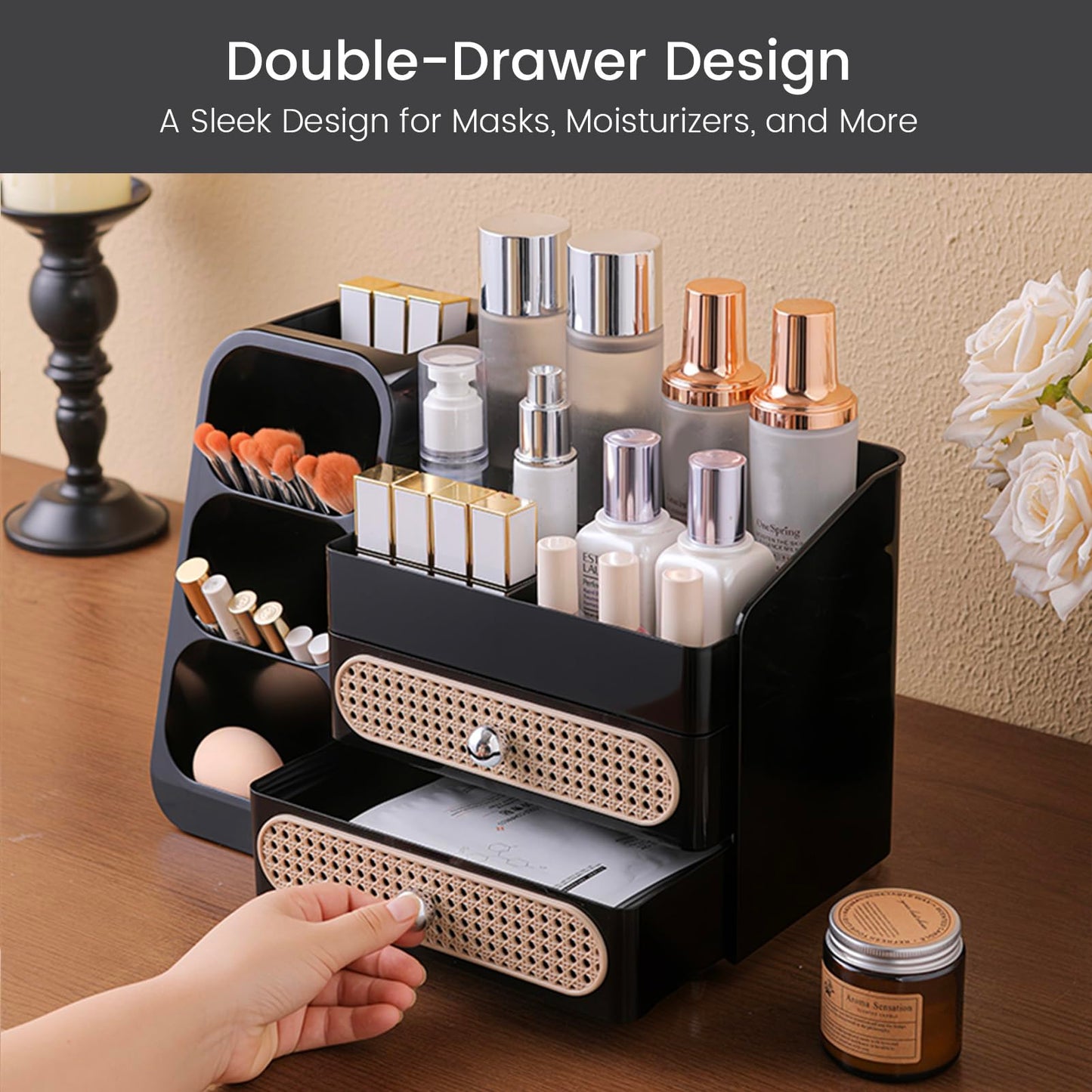 Aveniee Makeup Organizer with Drawers, Large Bathroom Countertop Organizer for Vanity, Desk Cosmetics Storage for Perfume Brushes Skincare Eyeshadow Lotions Lipstick-Black