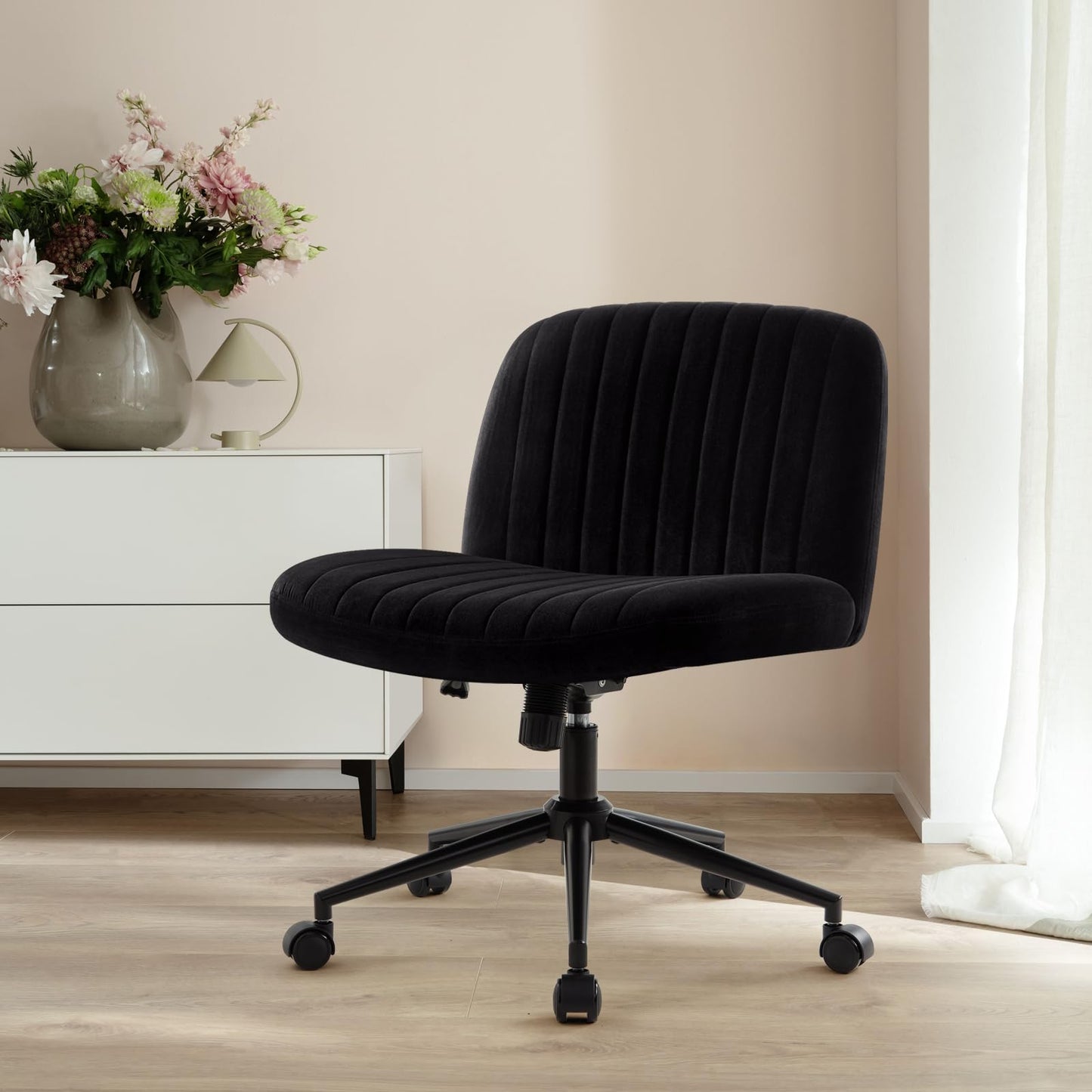 IWMH Criss Cross Chair Cross Legged Office Chair with Wheels Armless Wide Seat Desk Chairs Height Adjustable Computer Task Chairs Swivel Vanity Chair for Home Office Bedroom Make Up Small Space Black
