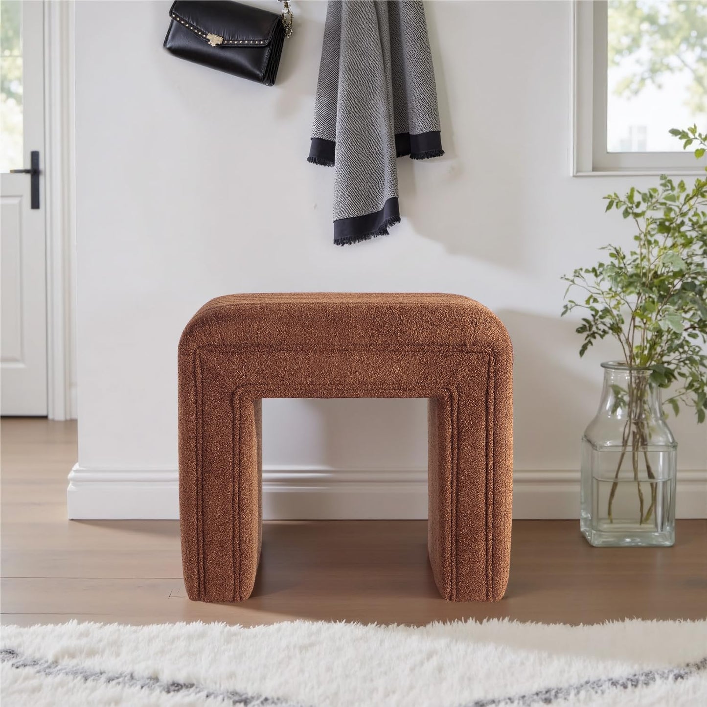 Get Set Style Vanity Stool Chair,Modern Boucle Ottoman Foot Stool with Wooden Legs Sofa Bench Footstool Extra Seat for Vanity,Makeup Room,Living Room,Entryway,Office (Fully Assembled) (Brown)