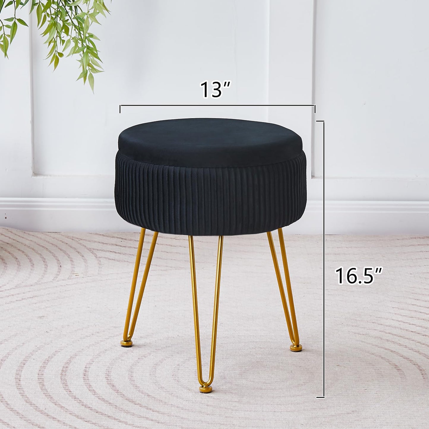 Wimarsbon Vanity Stool Vanity Chair with Storage, Velvet Makeup Stool, Soft Ottoman with Anti-Slip Feet, Furry Padded Seat for Makeup, Bedroom Black