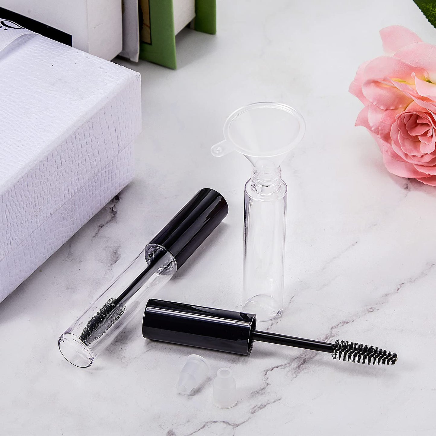 Maitys 40 Pieces 10 ml Empty Mascara Tubes Eyelash Wand Refillable Clear Bottles Eyelash Cream Container Bottle with 4 Pieces Transparent Funnels Transferring Castor Oil for DIY Cosmetics (Black)