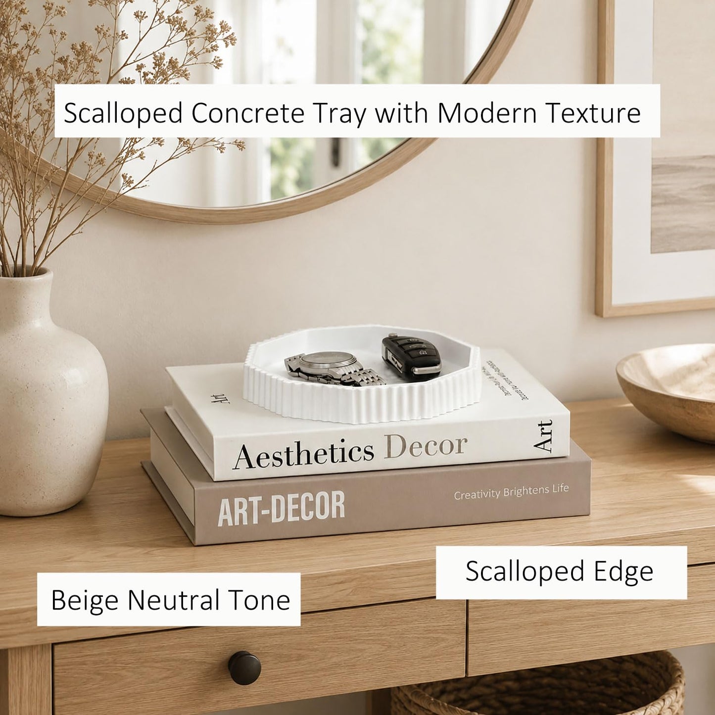 Decorative Concrete Tray & Linen Faux Book Box Set, Scalloped Coffee Table Tray with Hidden Storage, Beige Modern Home Decor for Bookshelf, Entryway, Vanity, Living Room & Housewarming Gift