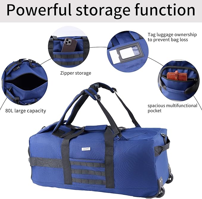 80L Rolling Duffel Bag with Wheels,Rolling Garment Bag,Military Tactical Wheeled Foldable Backpack For Deployment Traveling Camping Sporting (Blue+Drawstring bag)