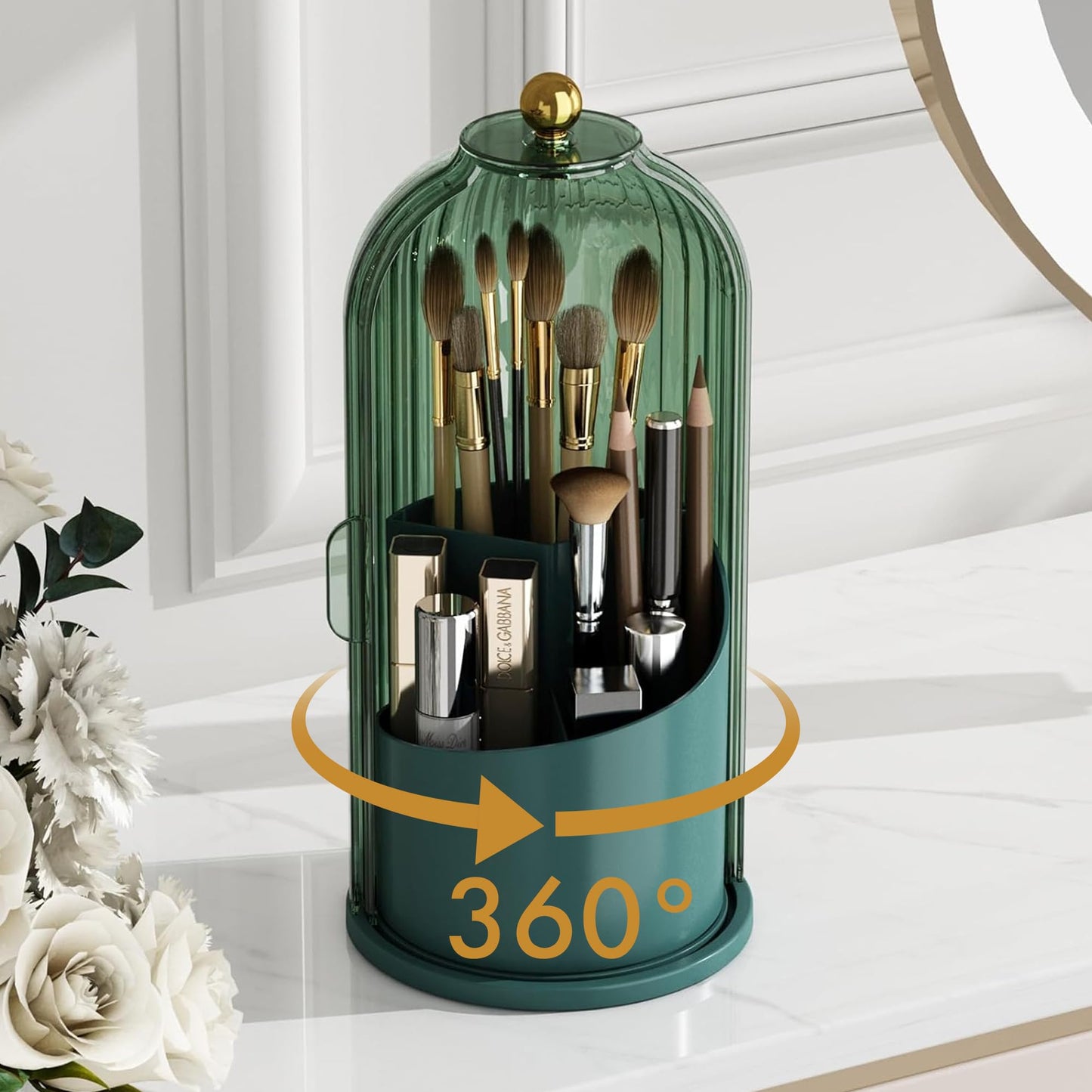 ZHUSSZHU Makeup Brush Holder with Lid Cosmetic Tools Organizer 360 Rotating Waterproof Dustproof Beauty Brushes Storage for Vanity, White Malachite green
