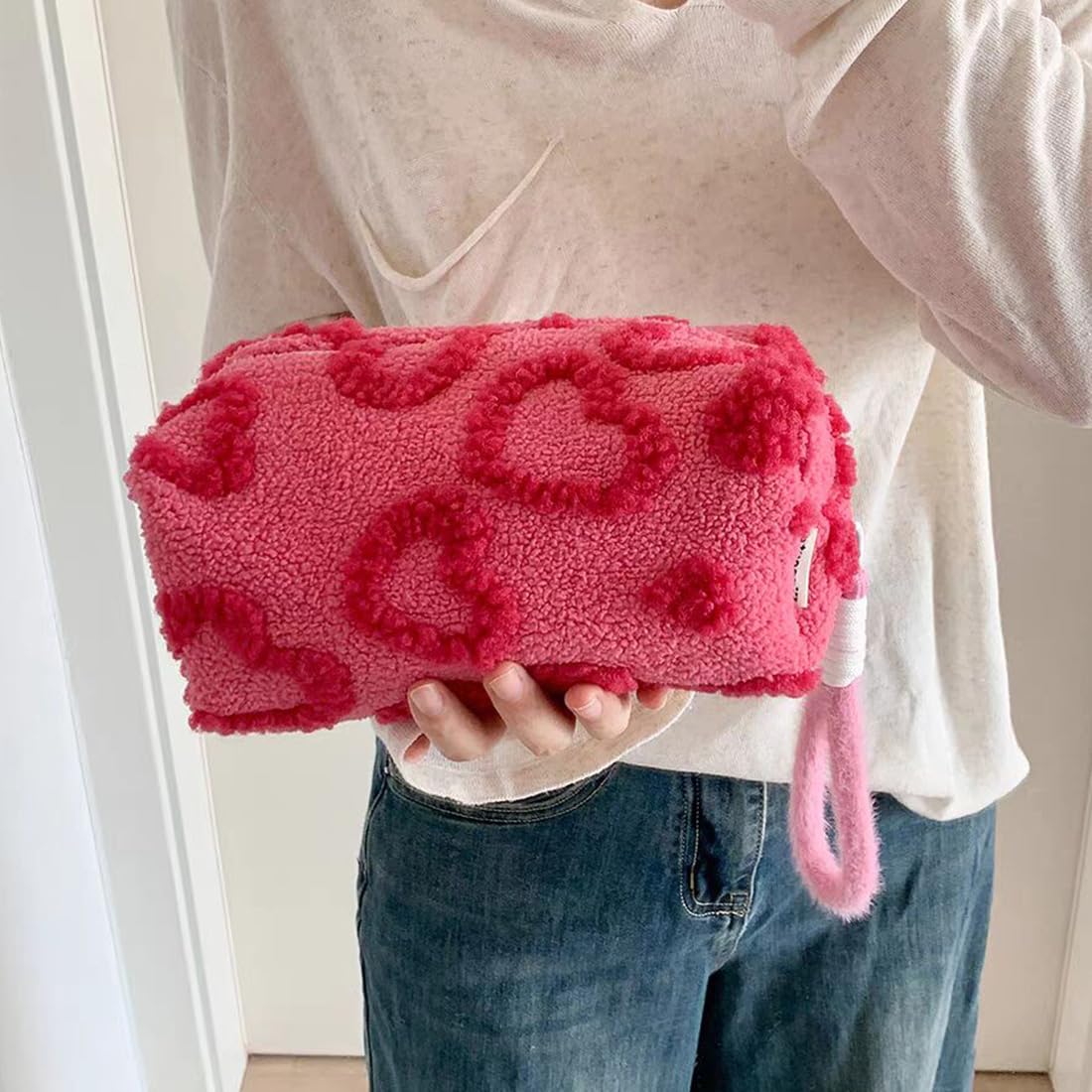 SxoSyo Heart Makeup Bag for Women, Plush Cosmetic Bags, Rose Pink
