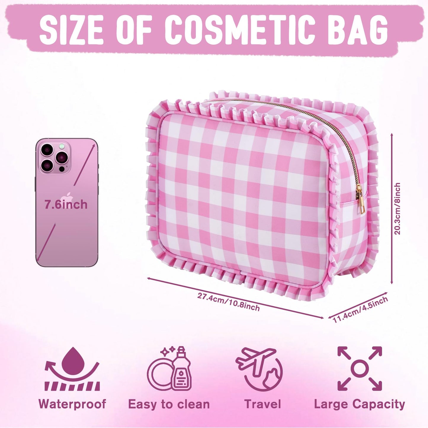 EMBRUNIOICE Gingham Ruffle Makeup Bag,Large Travel Cute Cosmetic Bag for Women Girls,Toiletry Bag Make up Organizer 10.8 x 4.5 x 8 inch (Pink Gingham)