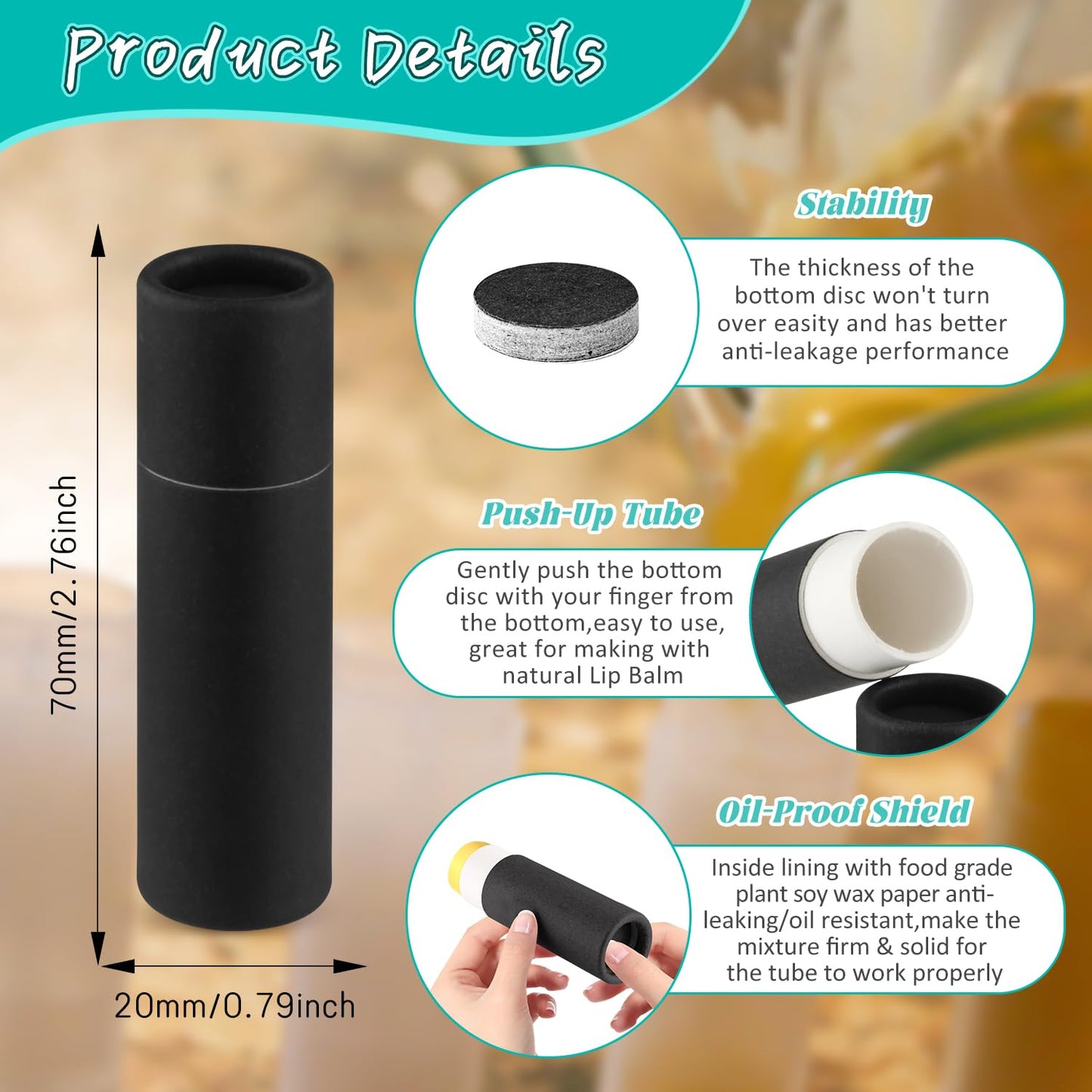 DMuuuDM 50 Pcs 0.3 oz Paperboard Lip Balm Tube,Empty Kraft Paper Chapstick Tube Holder,Push-Up Style Biodegradable Solid Perfume Lip Gloss Container for DIY Homemade Balm,Non-Plastic Container- Black