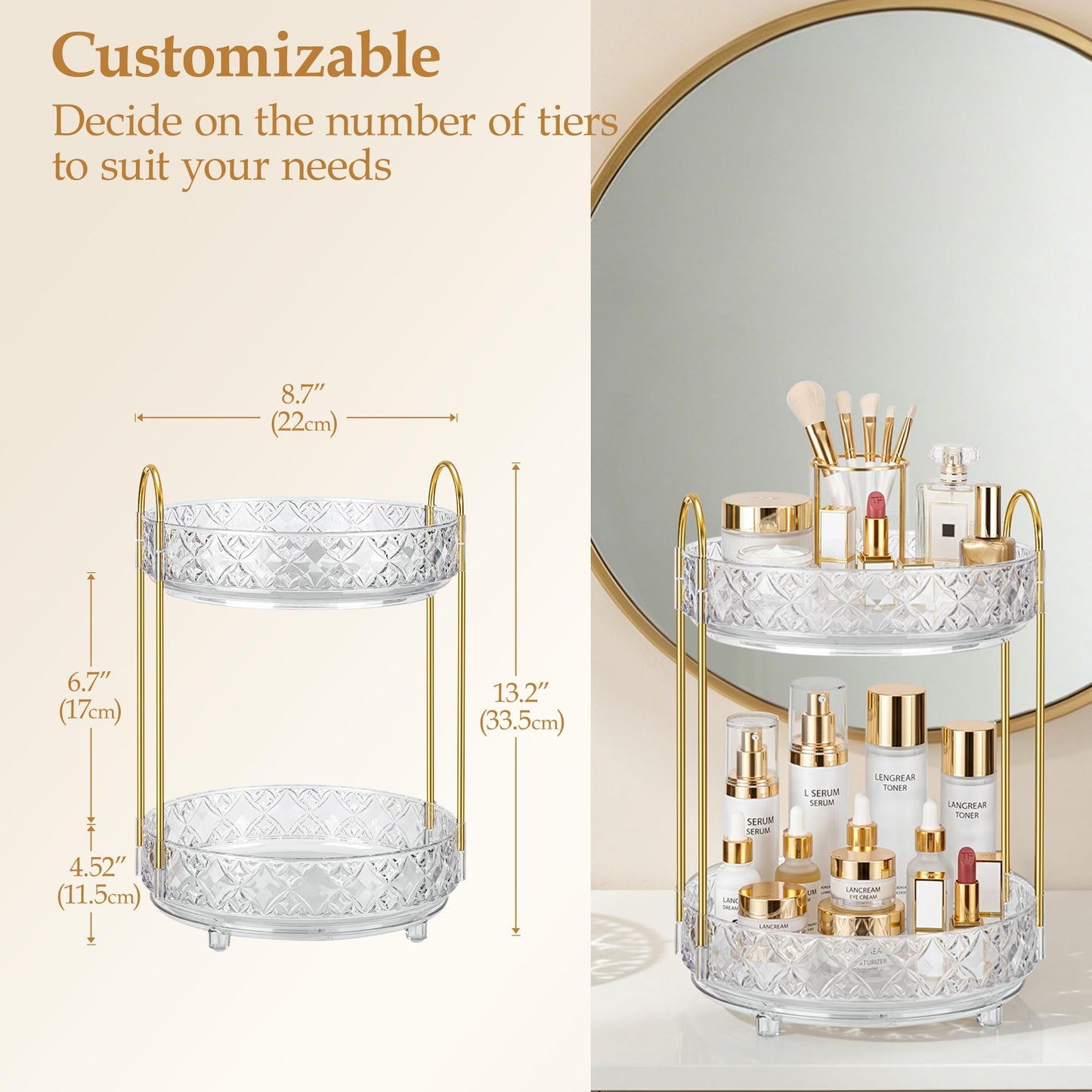 LAREKUN 360 Rotating Makeup Organizer for Vanity, 2 Tier Adjustable Perfume Organizer for Dresser, Multi-Function Spinning Cosmetics Skincare Storage for Bedroom, Dresser, Countertop, Clear