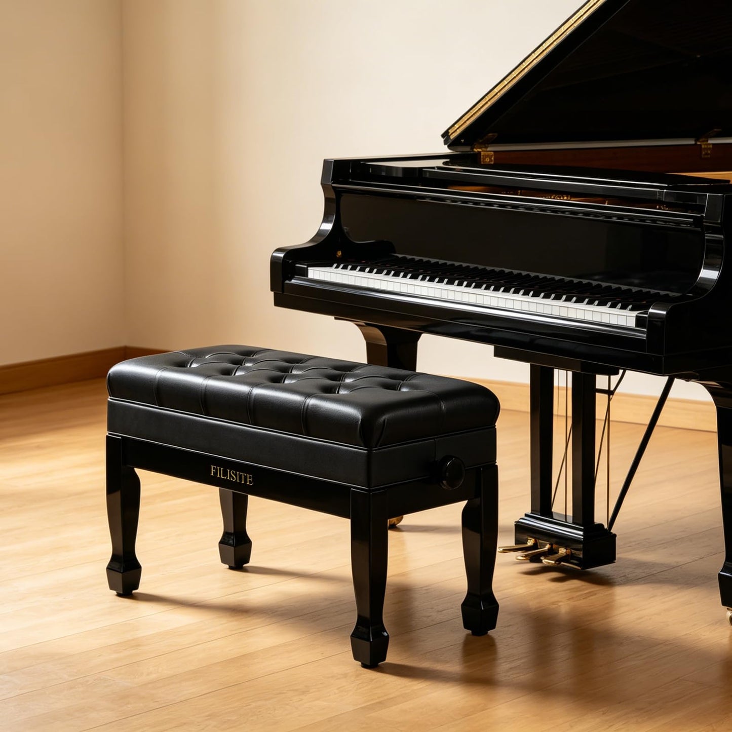 FILISITE Adjustable Duet Piano Bench with Storage, Heavy Duty Solid Wood Double Piano Stool Keyboard Bench Seat with PU Leather Padded Cushion (Black)