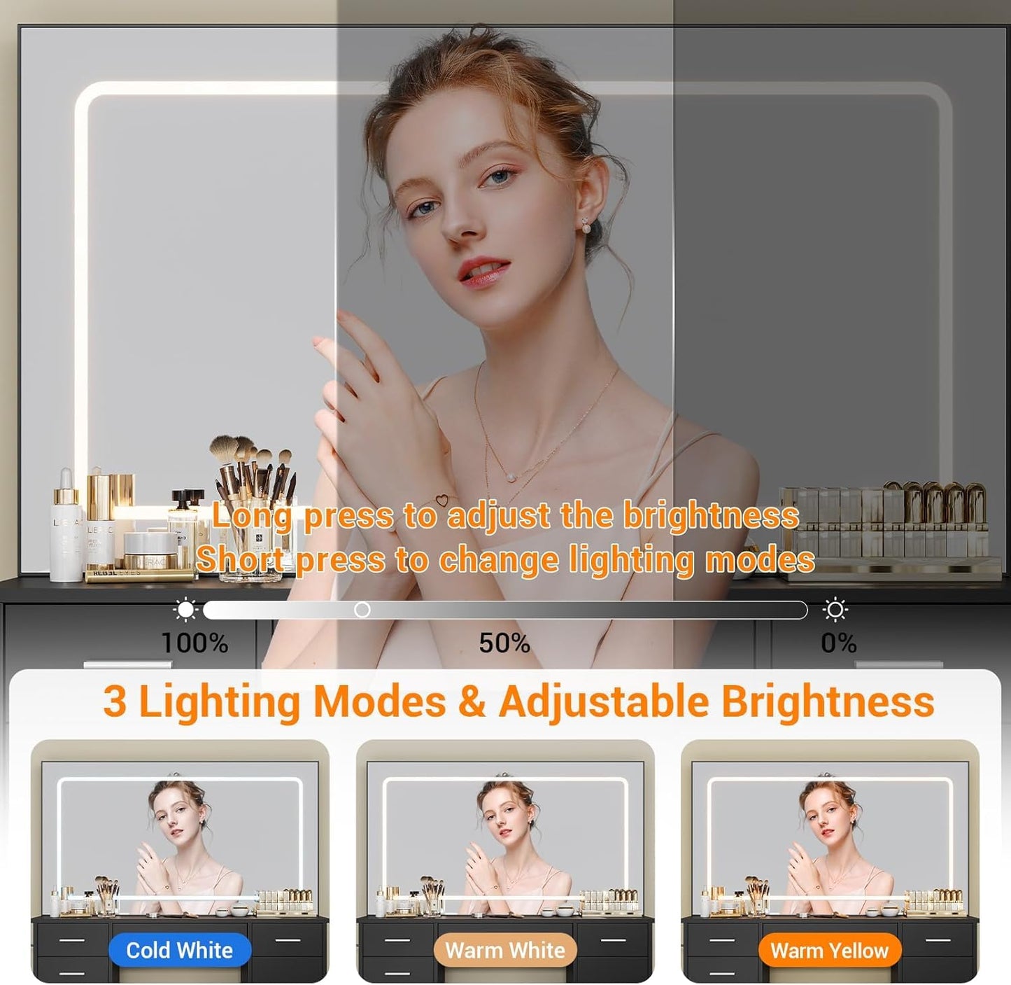 GarveeTech Makeup Vanity, Vanity Desk with Large Mirror and Lights, Charging Station, 3 Lighting Modes Adjustable Brightness, Vanity Table Set with 7 Drawers, Makeup Table for Bedroom