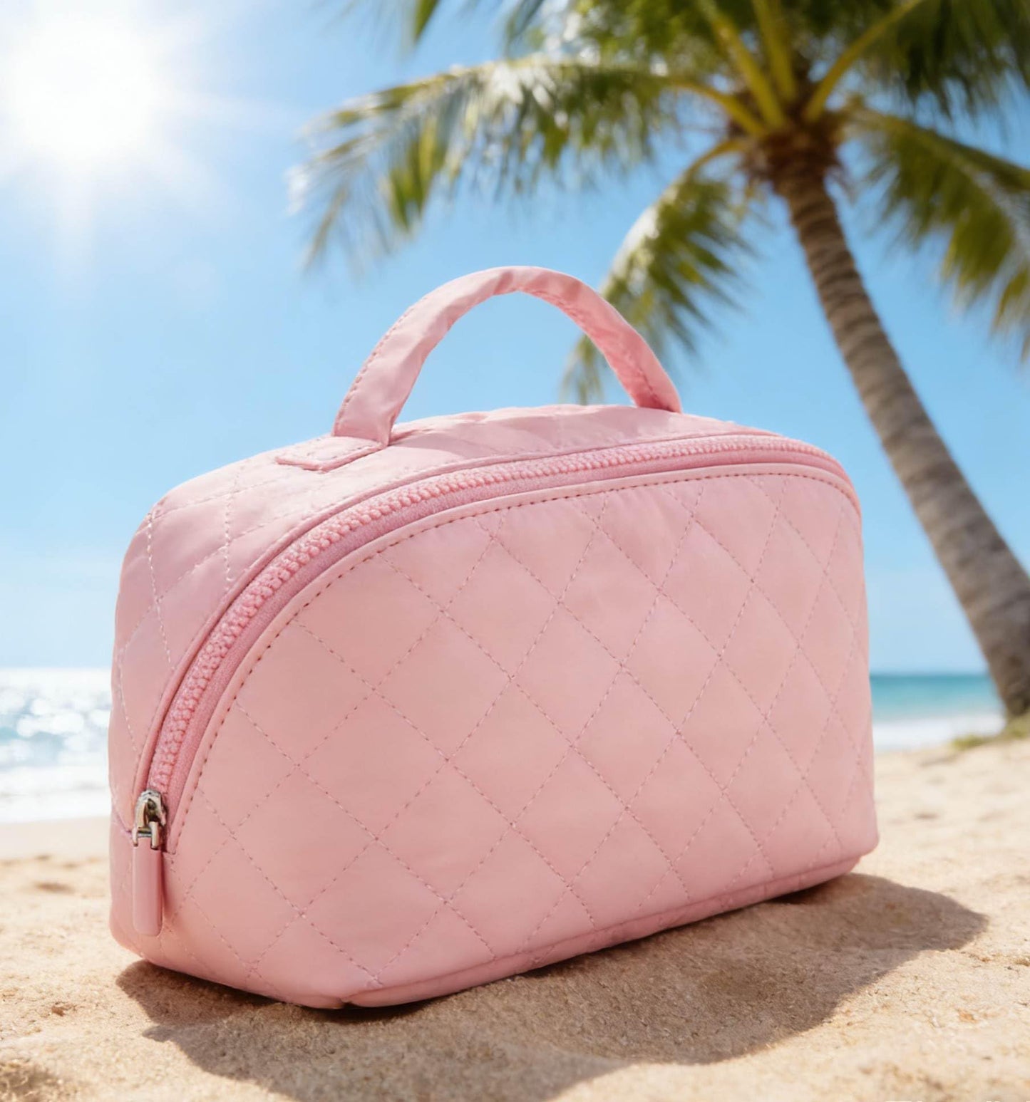 JMKEY Makeup Bag, Quilted Puffer Cosmetic Bags for Women: 3 Pcs Set Large Capacity Waterproof Make up Bag - Makeup Organizer for Travel Essentials Pink
