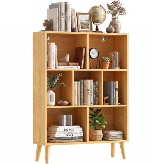 SageNest 7 Cube Bookshelf, 3 Tier Mid-Century Modern Bookcase with Wooden Legs, Heavy Duty Cubby Storage Organizer Display Shelf for Living Room, Bedroom & Office, Deep Natural