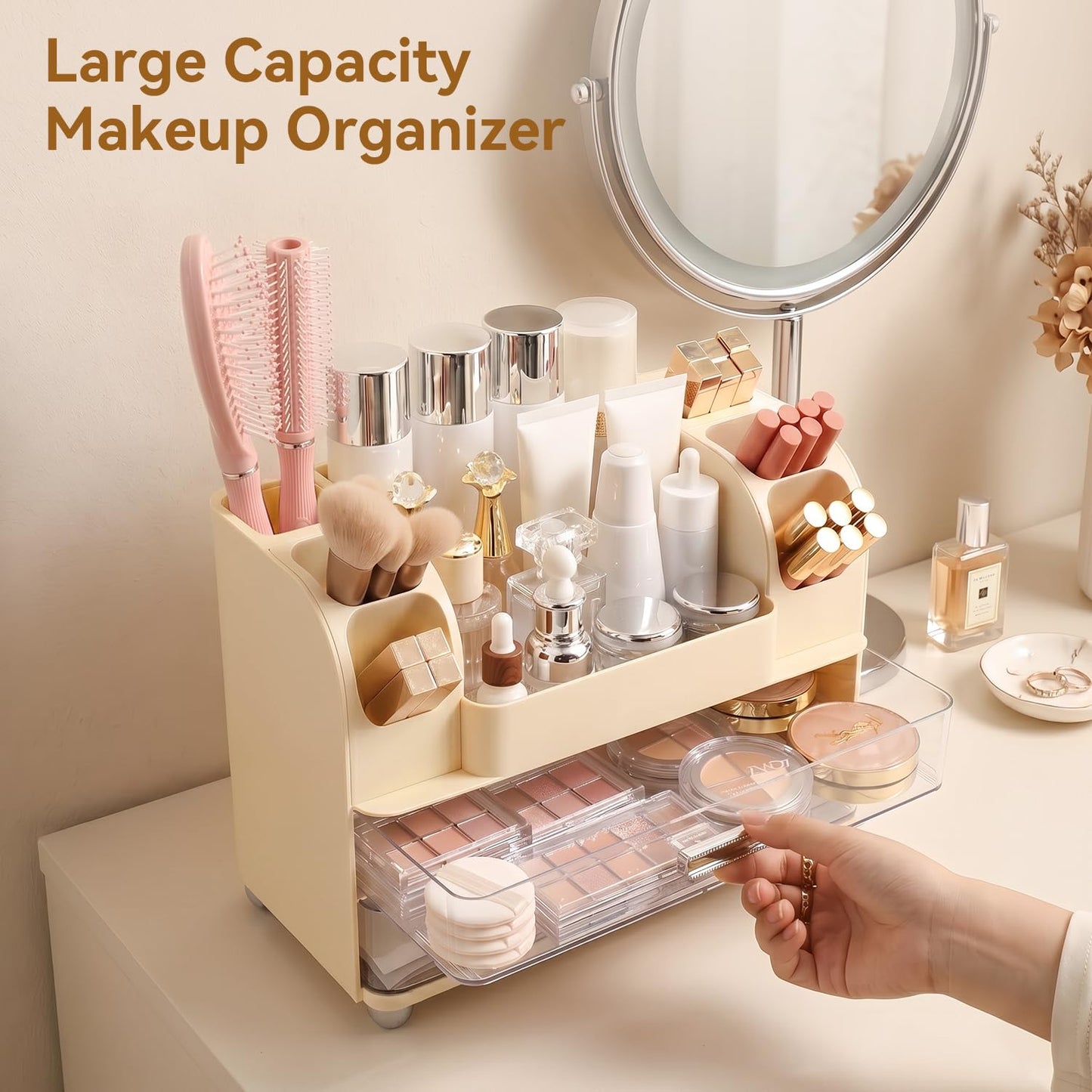 Brothersbox Makeup Organizer for Vanity with 2 Large Drawers and 6 Brush Holders, Large Bathroom Countertop Cosmetic Storage for Skincare, Lipstick, Nail Polish, Perfume, Gift for Women, Cream