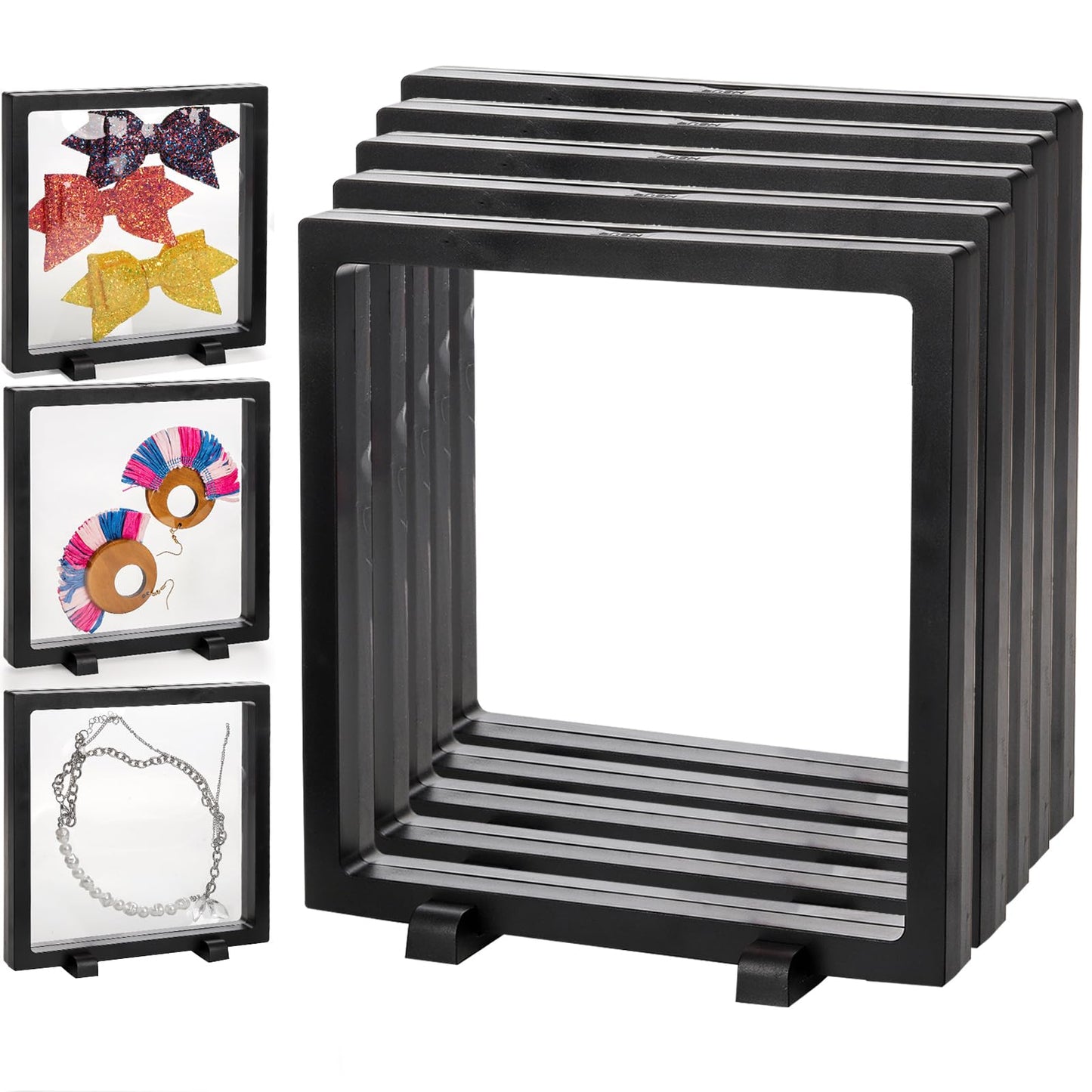 Dicunoy 8 Pack Large 3D Floating Display Case, 6" Black Rock Display Frames with Stands for Badges, Challenge Coins, AA Medallion, Megladon Tooth, Jewelry, Shells, Fossils, Gems, Minerals, Pins