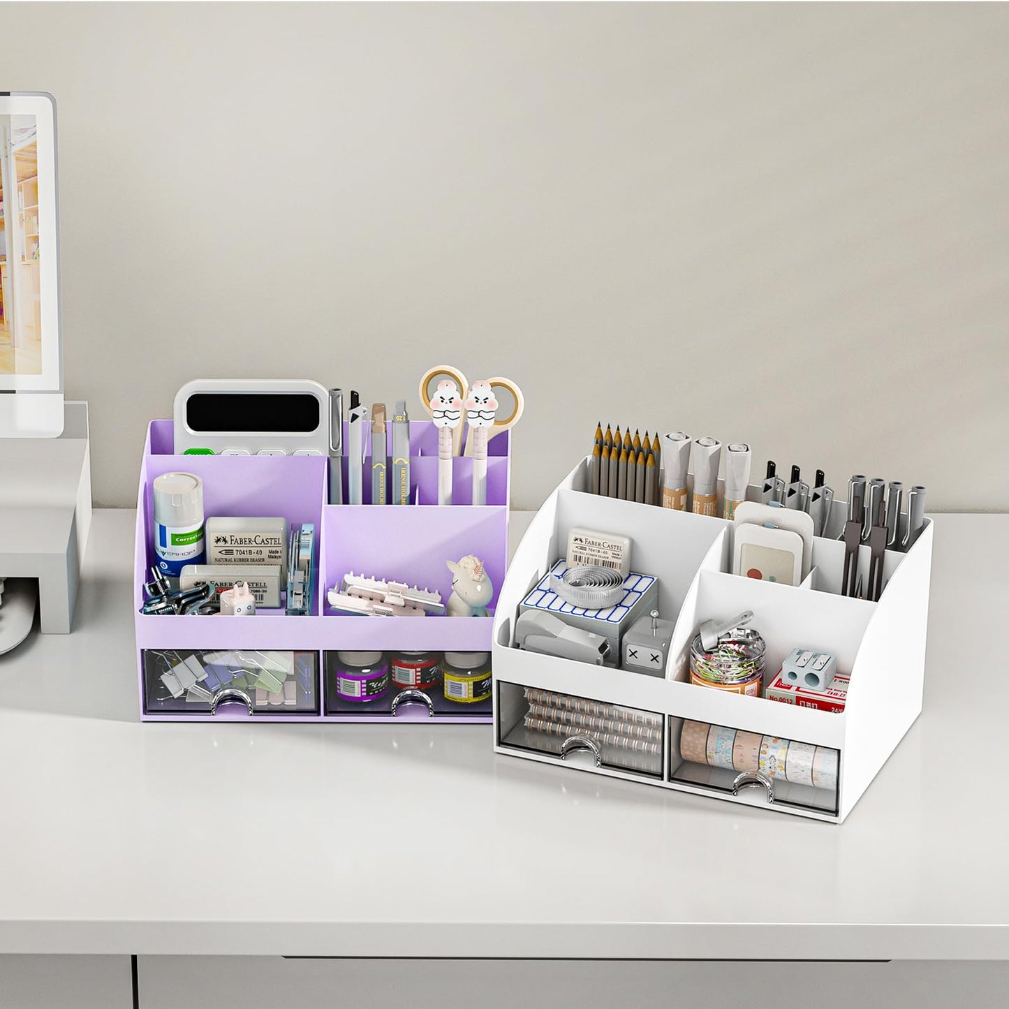 COMFYROOM Desk Organizer with 6 Compartments and 2 Drawers, Plastic Makeup Organizer, Pen Holder for Desktop Storage, Desk Organization for School, Home, Office Supplies (Purple)