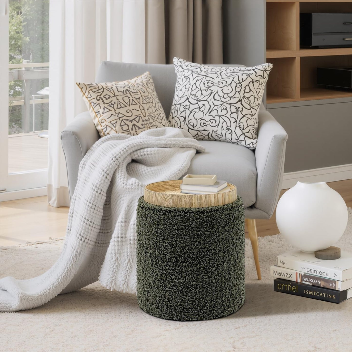 Get Set Style Modern Round Ottoman with Soft Padded Seat, Storage Vanity Stool for Makeup, Upholstered Footrest Stool Ottoman Foot Stool for Living Room, Bedroom