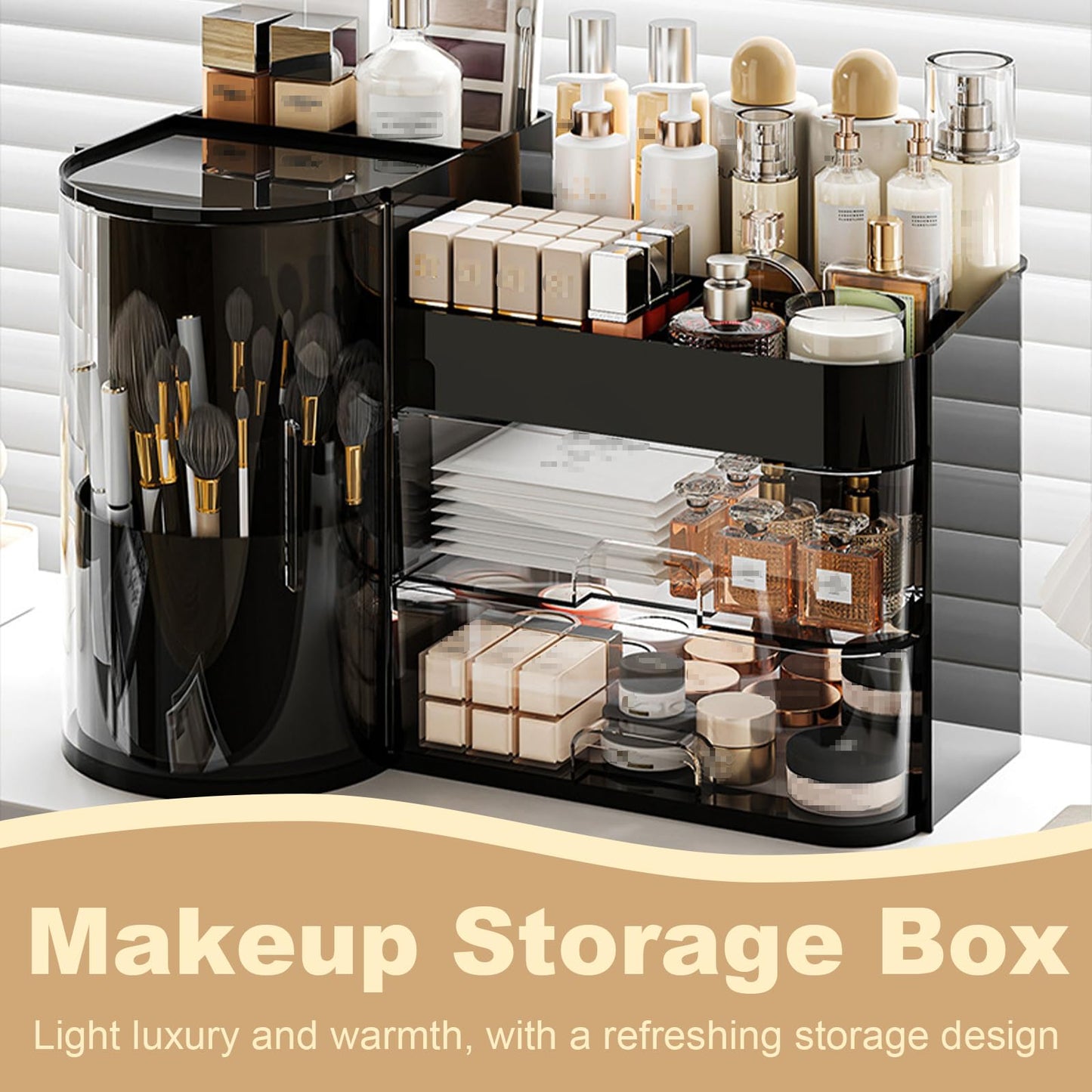 Fortuccai Makeup Organizer with 360° Rotating Brush Holder, Vanity Countertop Skincare Holder, Removable Cosmetic Display Cases, Lotions Storage Box & Dust-proof 4 Slot Make up Brushes Cup (Beige)