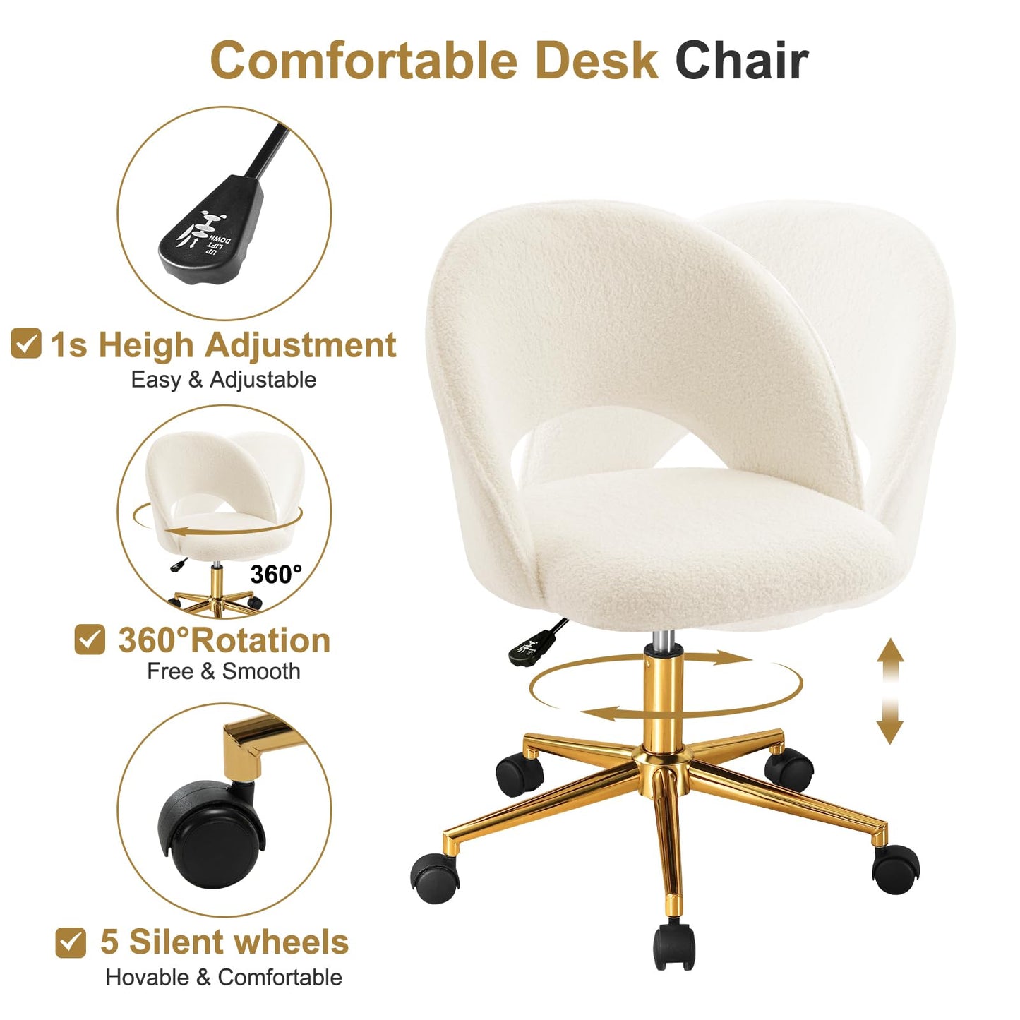 Vanity Chair with Back, Cute Office Desk Chair with Wheels for Girls, Upholstered Armless Accent Chair with Gold Metal Height Adjustable Soft Sherpa Fabric for Living Room/Makeup Room/Bedroom,White