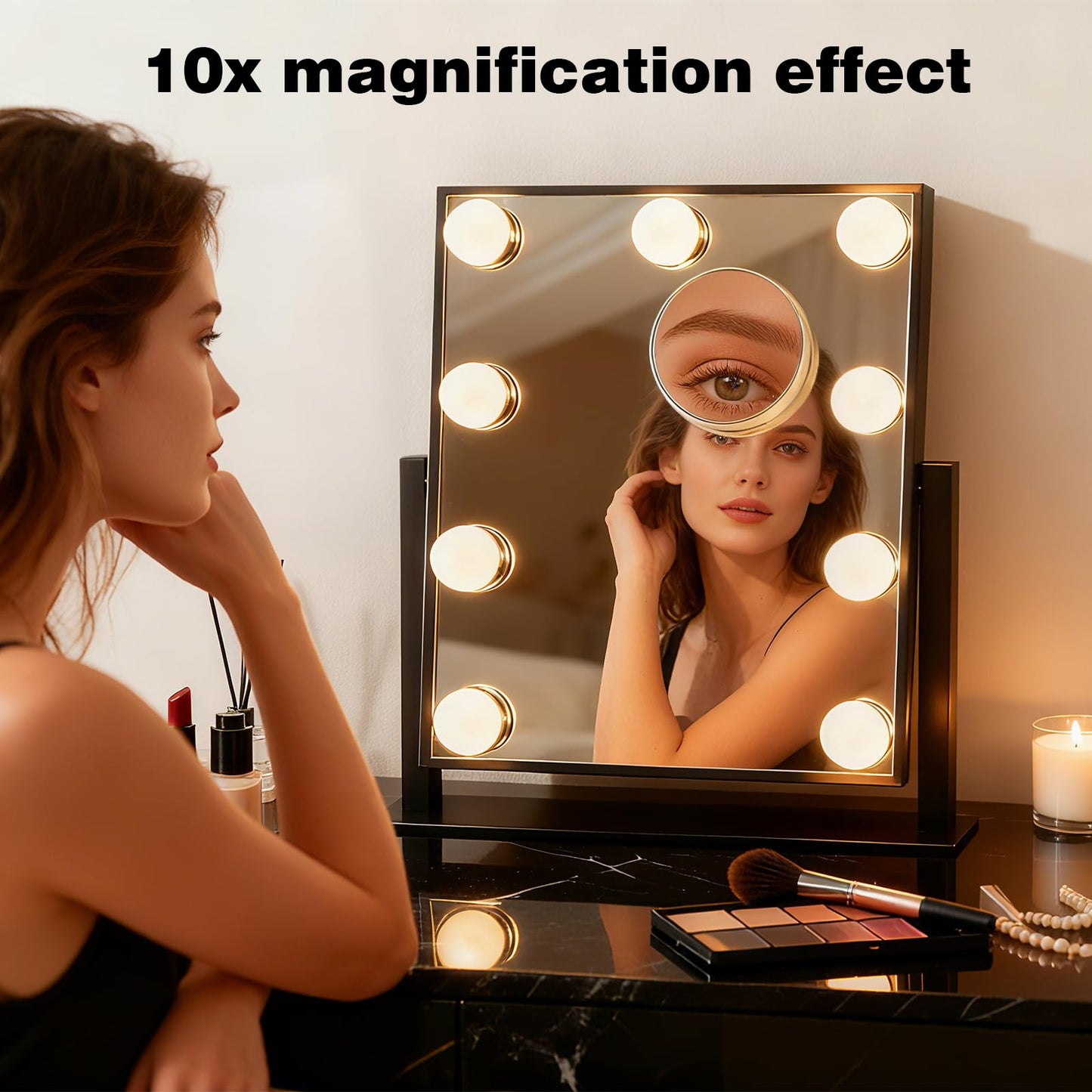 Vanity Mirror with Lights, Lighted Vanity Mirror with 9 Dimmable Bulbs for Dressing Room & Bedroom, 3 Color Lighting Modes, Detachable 10x Magnification 360°Ratation (Black)