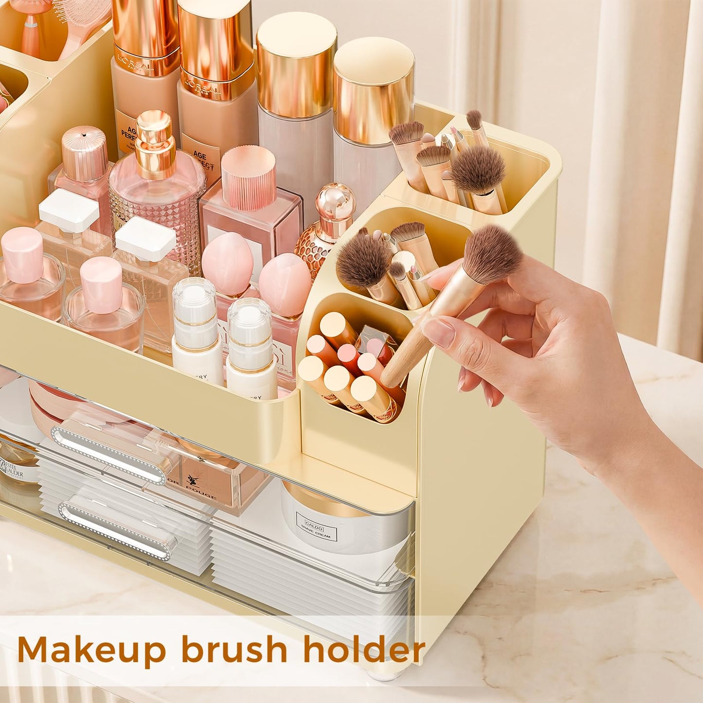 Makeup Organizer for Vanity with Brush Holder, Large Bathroom Countertop Organizer & Skincare Storage | Perfume, Cosmetics Display Case with Drawers (Cream White)
