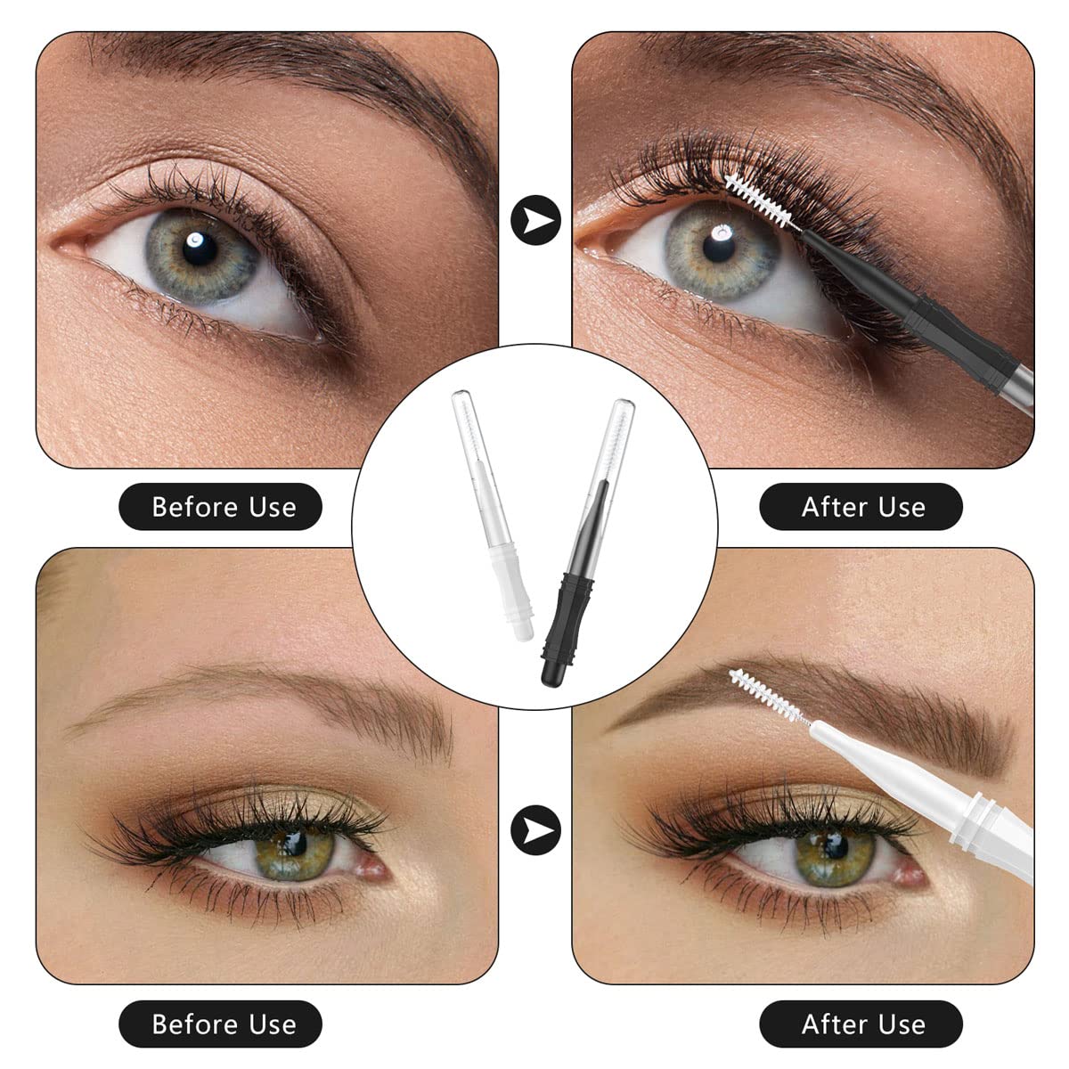 200 Pcs Micro Eyebrow Brushes With Cap, Multifunctional Eyebrow Spoolie Brush Brow Lamination Brush 2 Size Micro Spooly Lash Mascara Brushes Comb for Eyelash Lift Extensions Brow Clean(White, Black)