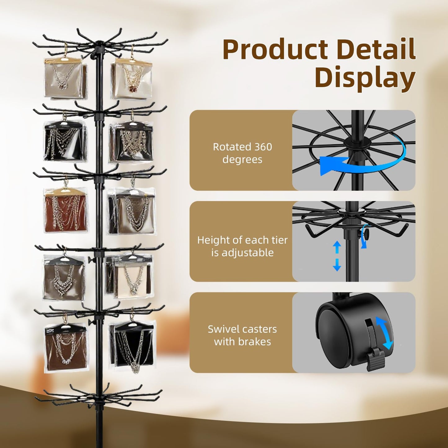 DEYEGELEA 7 Tier Rotating Rack Shelves Retail Display Stand,Jewelry Keyring Socking Hats,Movable Shop Spinner for Toys Show,Adjustable height,retail display racks For Store Display,Black
