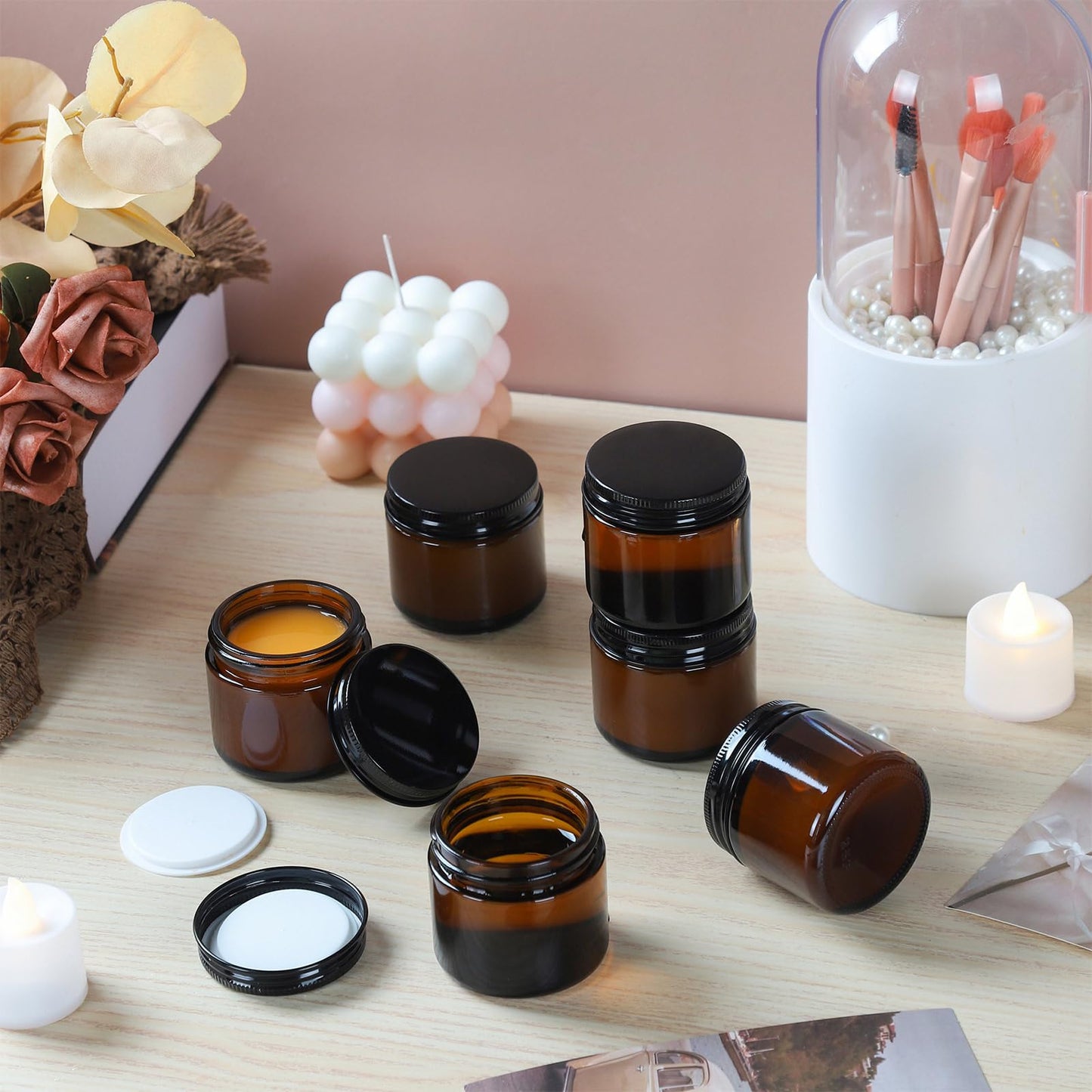 RAMFIYN 2oz Amber Glass Jars with Lids - 12 Pack Cosmetic Containers for Travel, Lotion, Cream