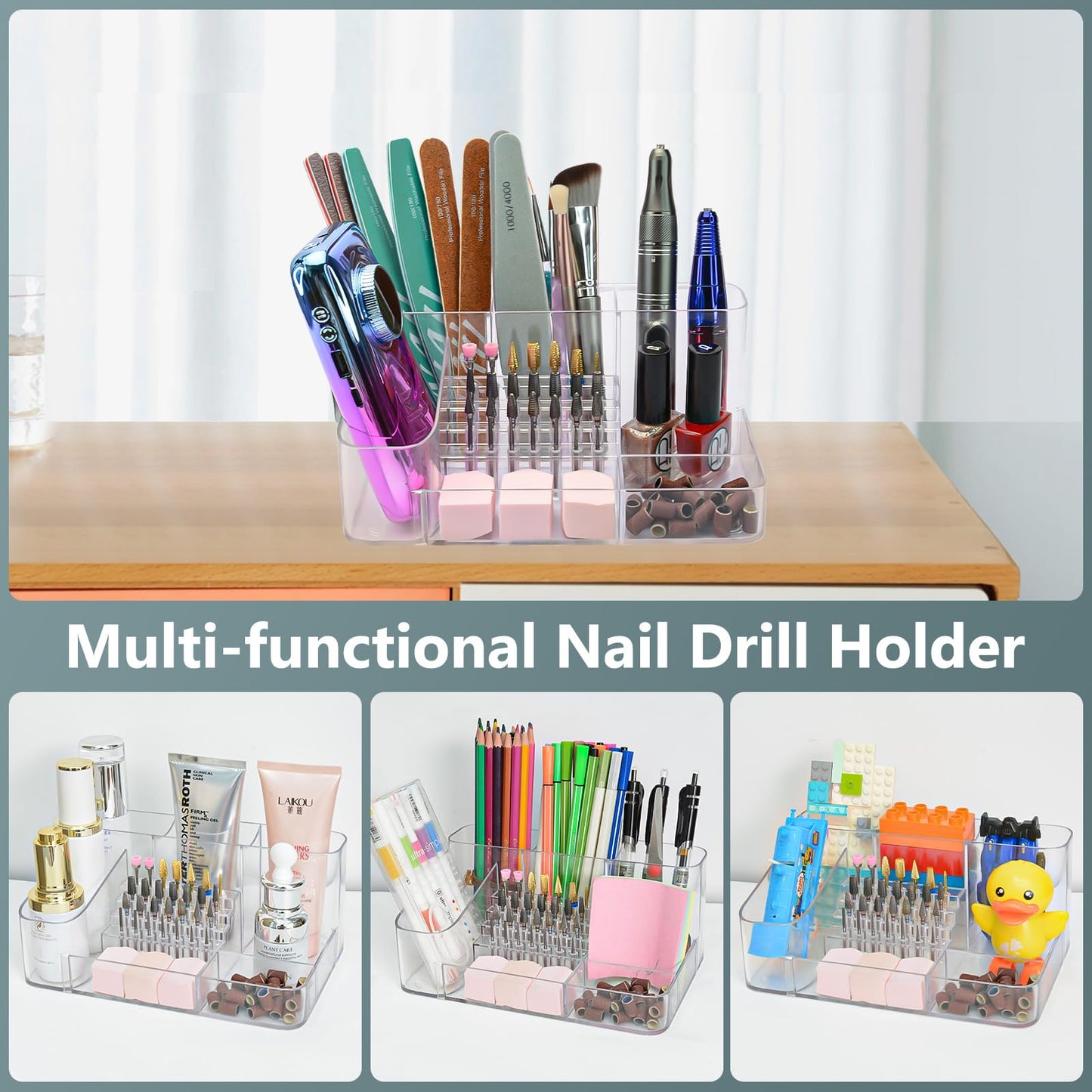 CGBE Nail Drill Holder, 28 Holes Transparent Acrylic Nail Drill Bits Holder, Professional Nail Tools Organizer and Storage Box Case